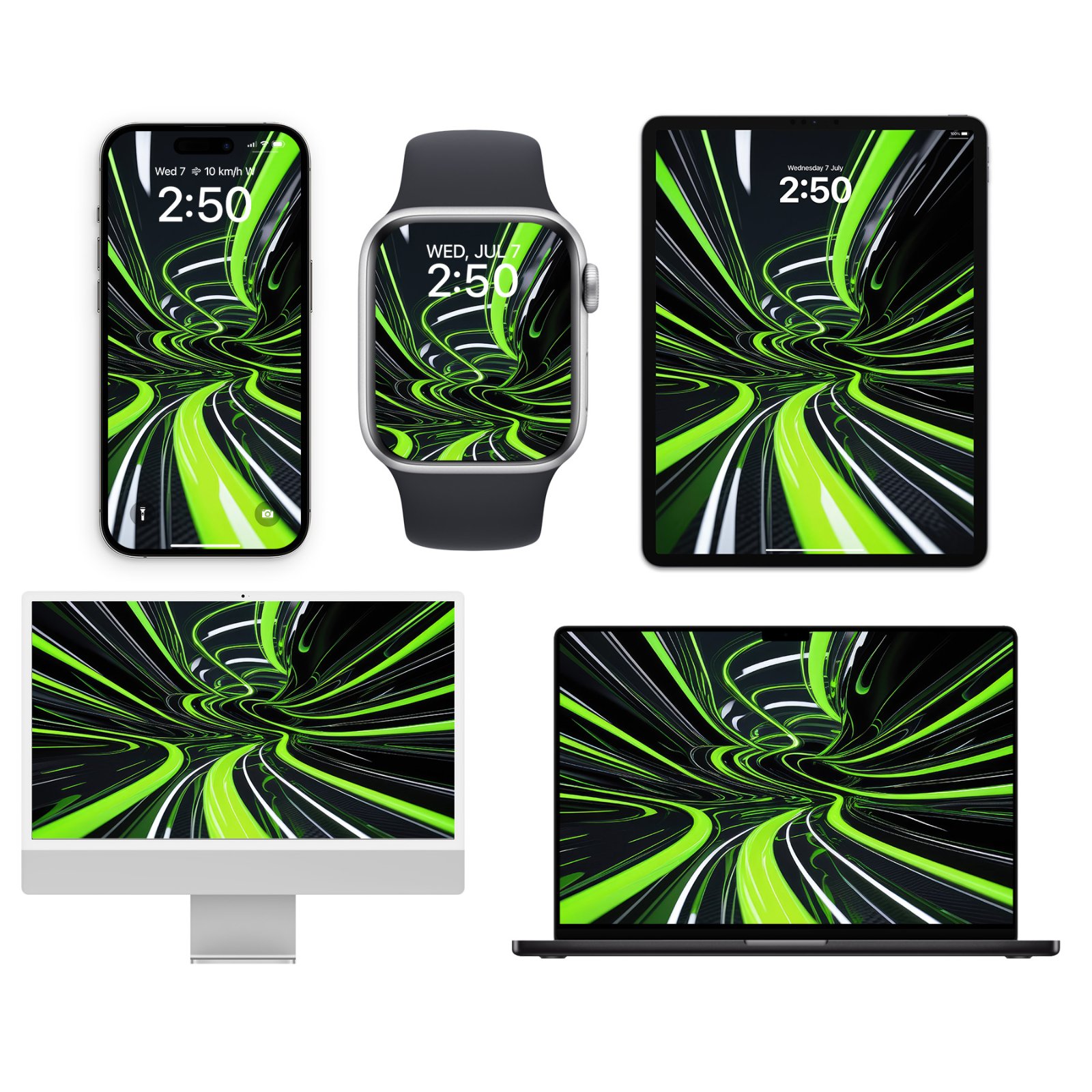 Set of Apple device mockups including iPhone, Apple Watch, iPad, iMac, and MacBook displaying an abstract neon lime green and black warping speed lines wallpaper.