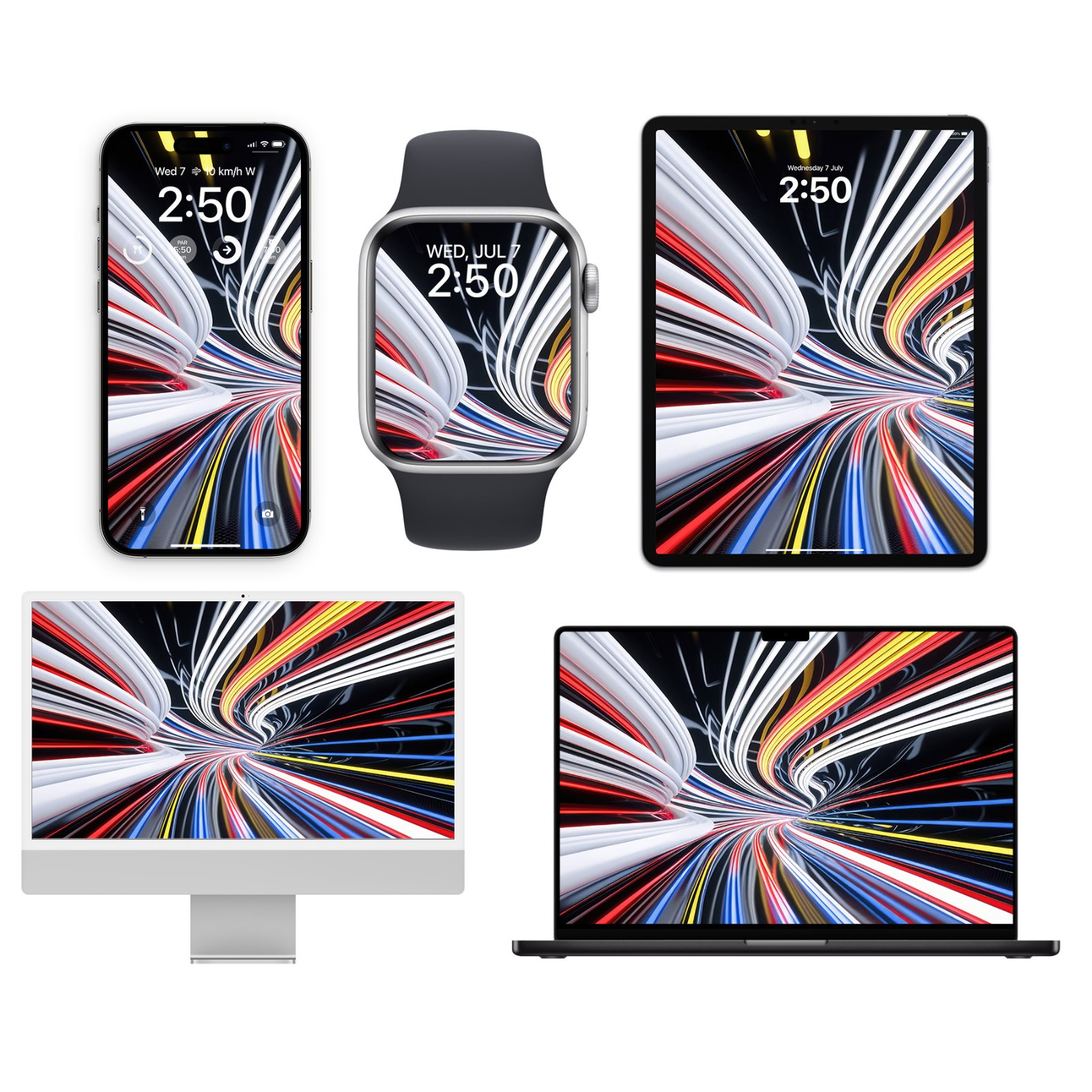 A set of five Apple devices including an iPhone, Apple Watch, iPad, iMac, and MacBook displaying matching abstract wallpapers of curving white, red, yellow, and blue light speed trails over black.
