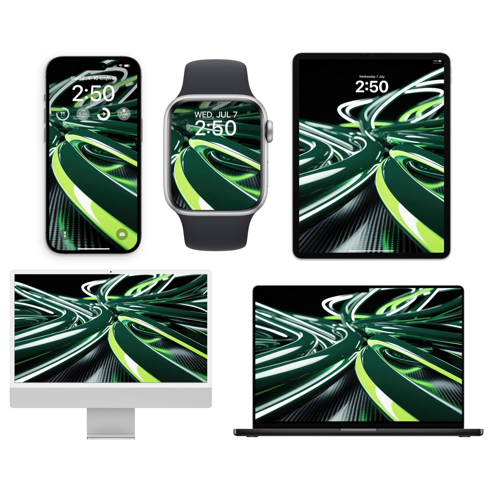 Multi-device mockup bundle showing a green 3D looping abstract wallpaper on an iPhone, Apple Watch, iPad, iMac, and MacBook Pro.