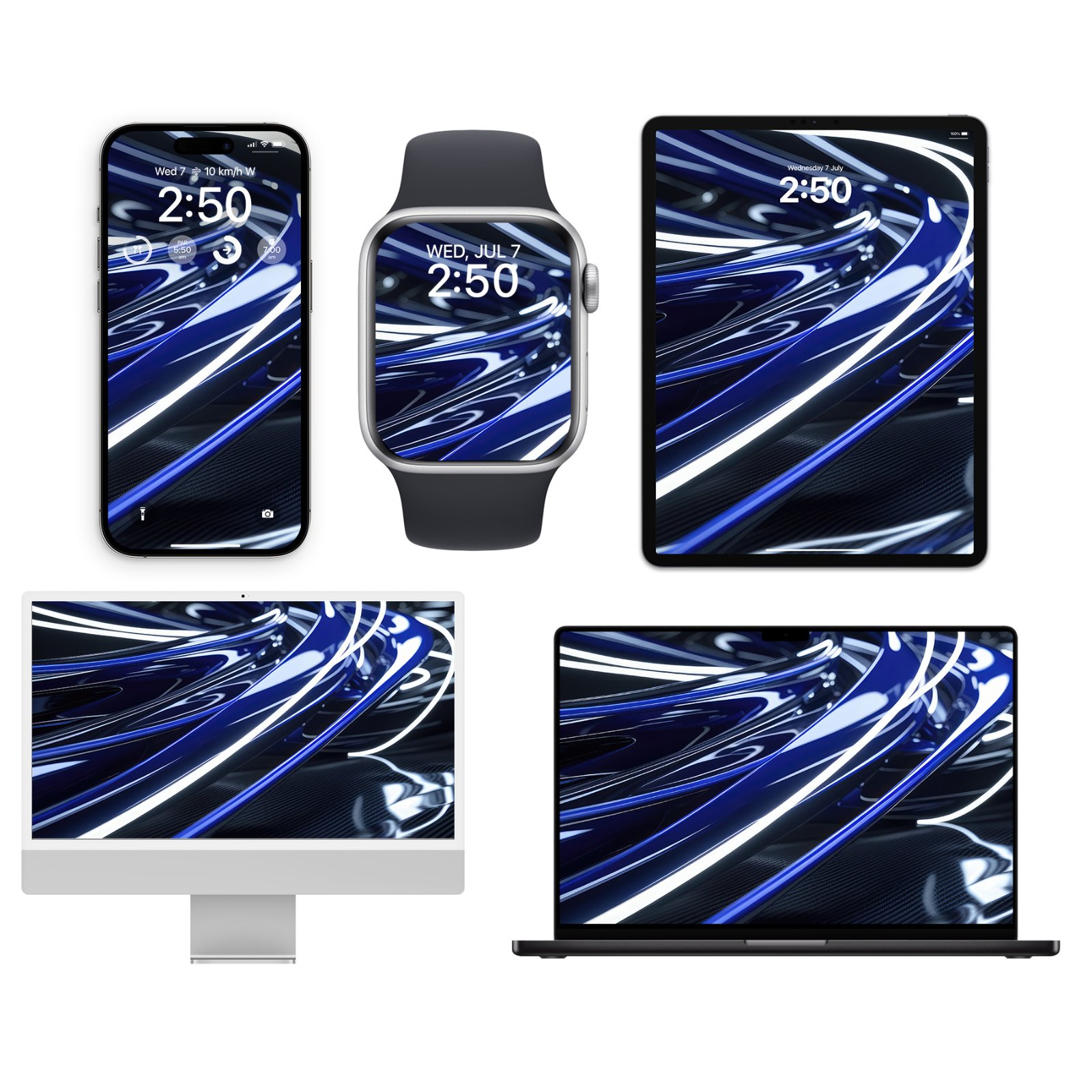 Digital wallpaper mockups displaying glossy cobalt blue curved ribbons on carbon fiber background across an iPhone, Apple Watch, iPad, iMac, and MacBook