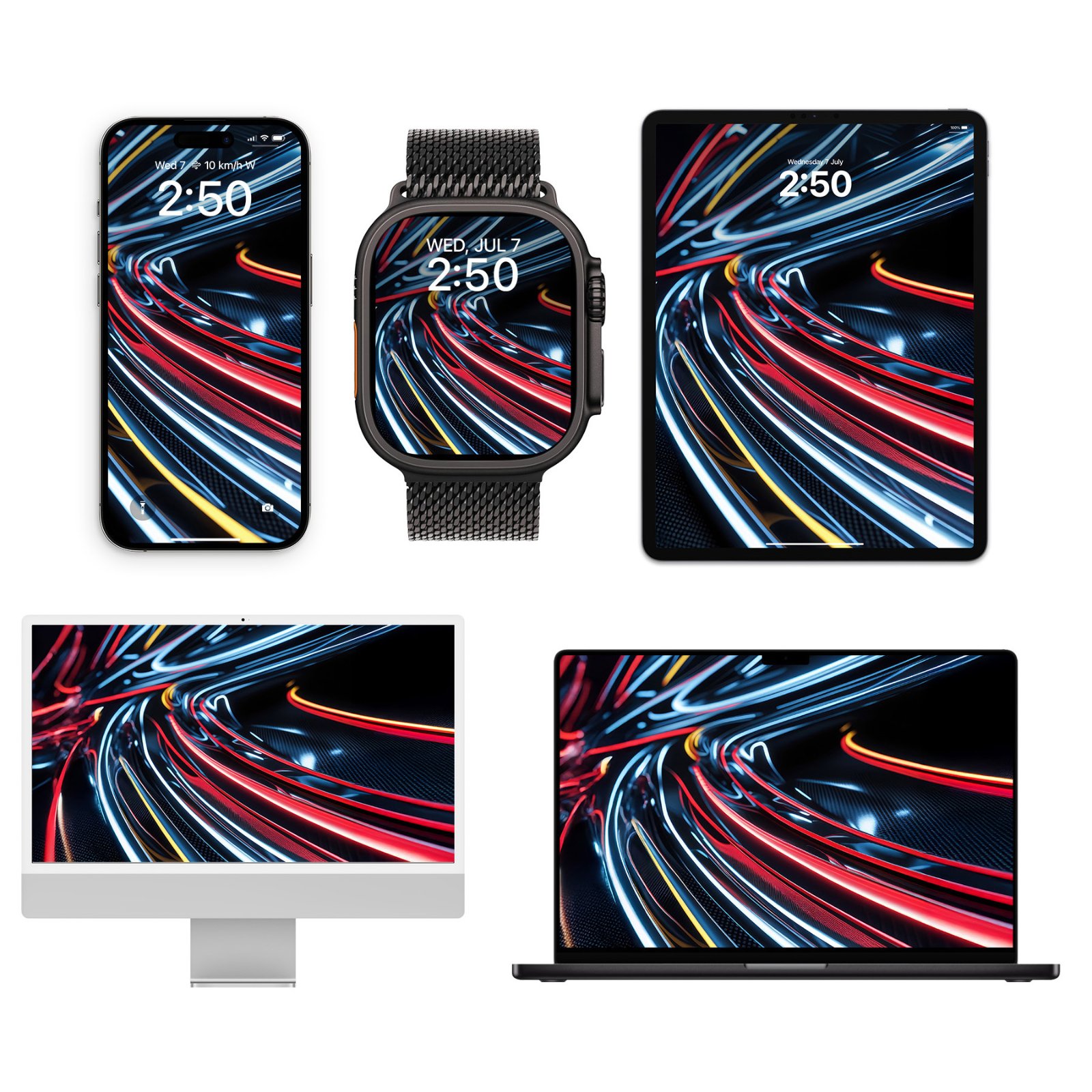 iPhone, Apple Watch with mesh band, and iPad displaying neon light streaks wallpaper, crimson, cyan, and golden lines flowing diagonally across a dark textured background with bright white highlights.