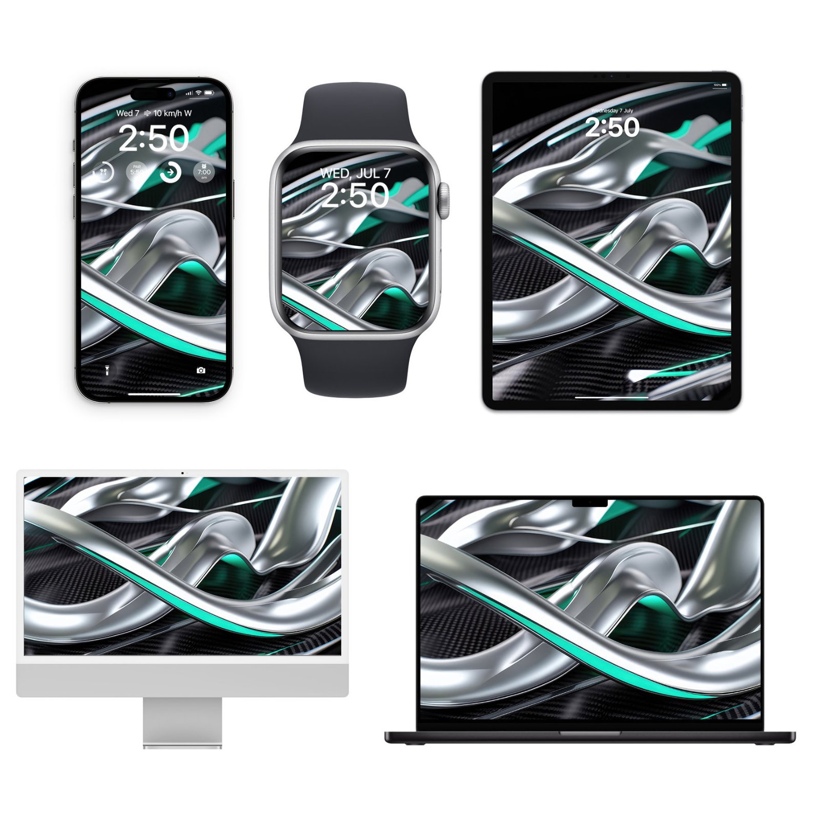 Silver liquid chrome fluid ribbons with vivid teal glow set against a dark woven carbon fiber texture displayed across an iPhone, Apple Watch, iPad, iMac, and MacBook.