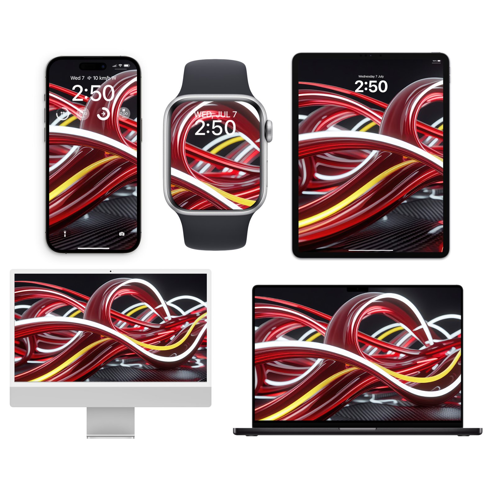 Multi-device wallpaper mockup display showing an iPhone, Apple Watch, iPad, iMac, and MacBook Pro, all displaying abstract glossy red curves with bright neon trails over a dark woven texture.