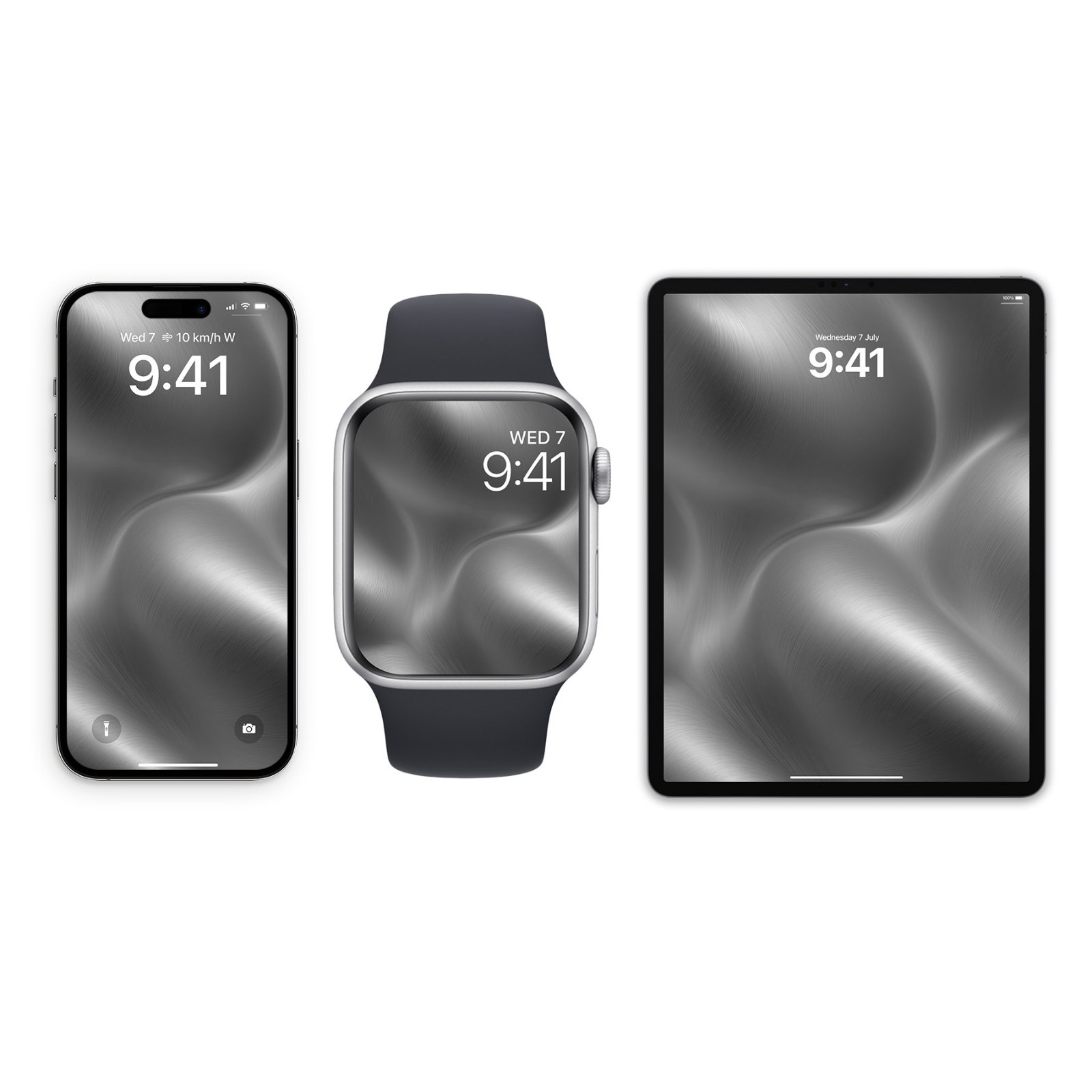 Brushed titanium metallic wave wallpaper displayed on an iPhone, an Apple Watch, and an iPad arranged side by side.