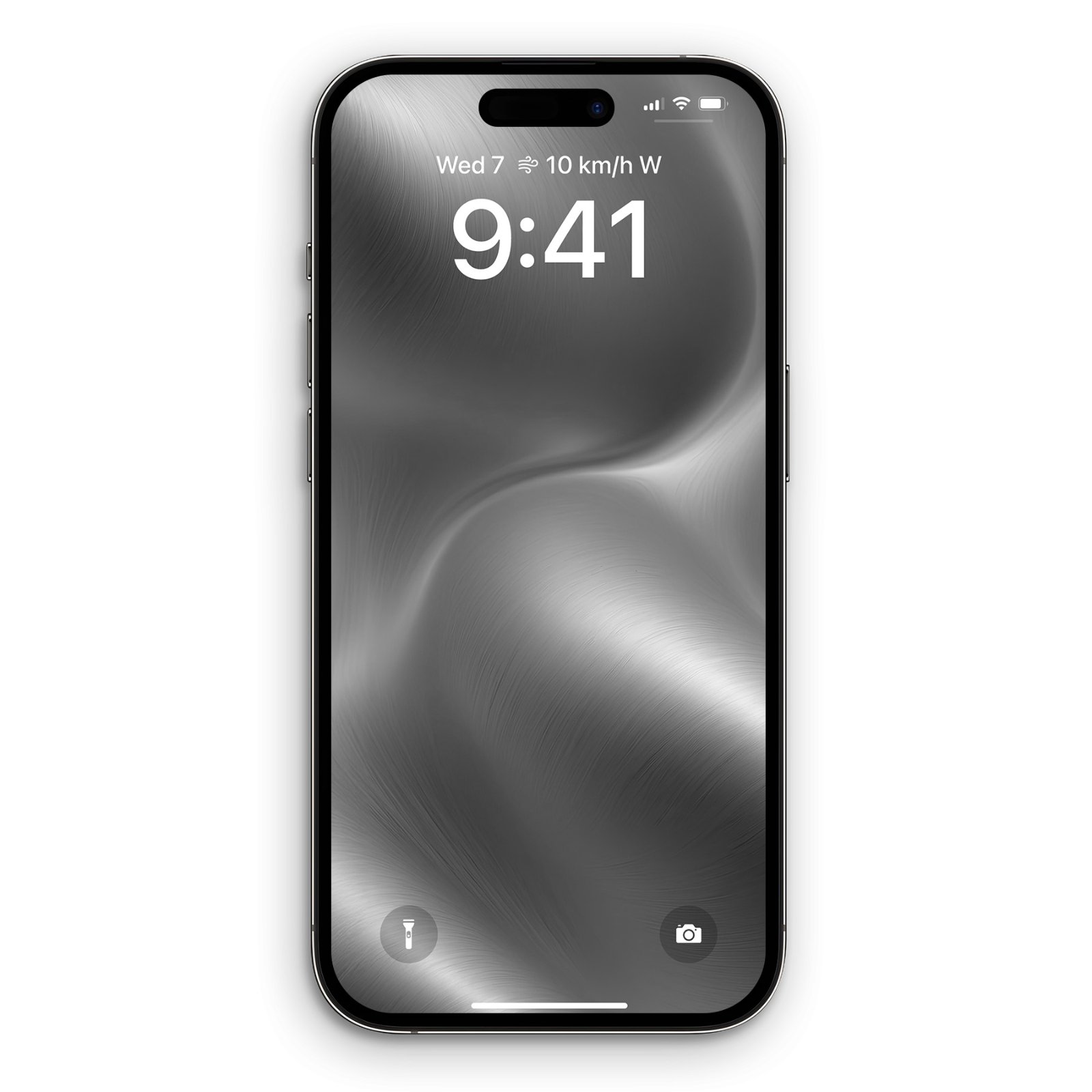 Front-facing iPhone lock screen mockup displaying a fluid platinum brushed metal wallpaper with soft gradients and fine texture.