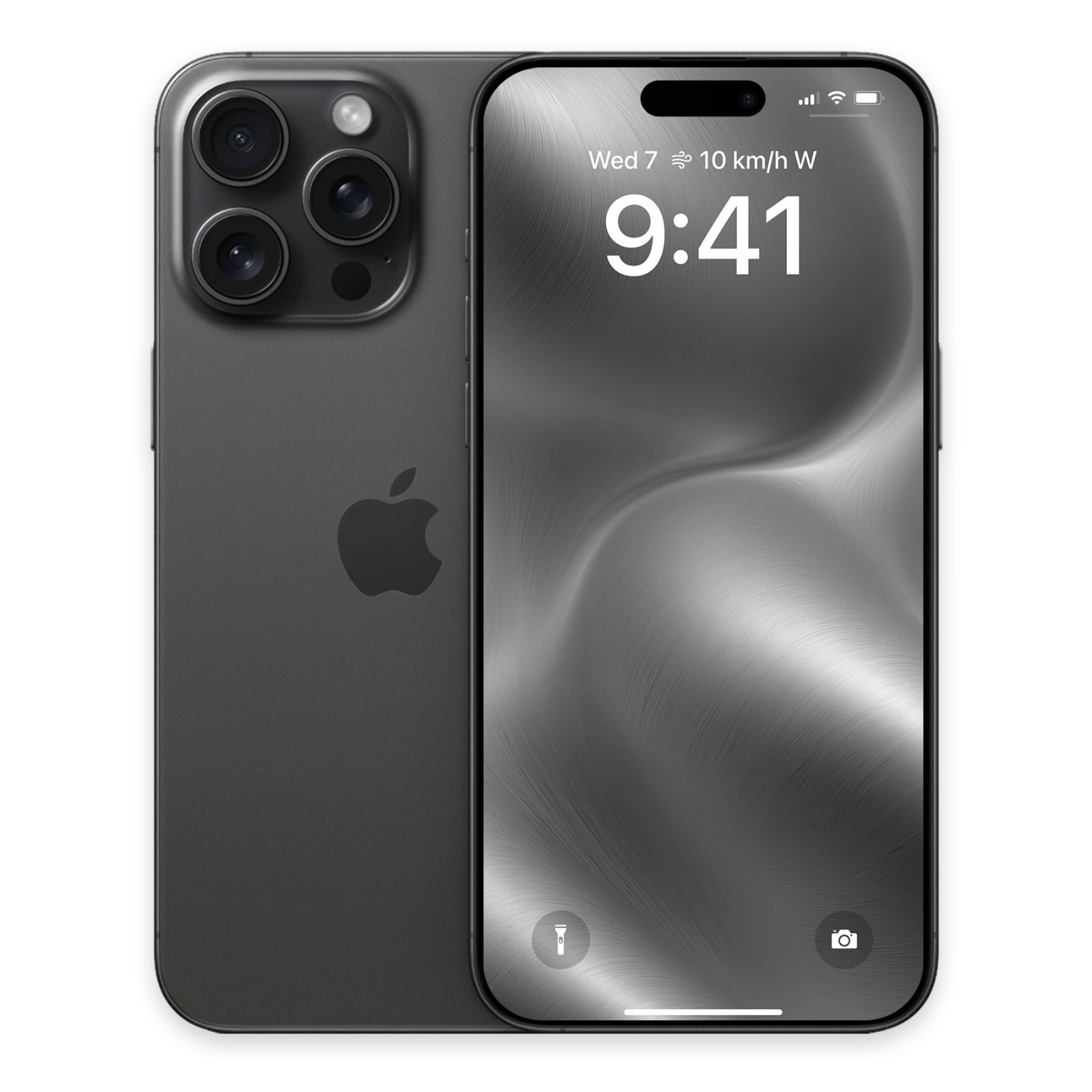 Dark titanium iPhone Pro shown from the front and back, featuring the monochromatic platinum brushed metal wallpaper on the screen.