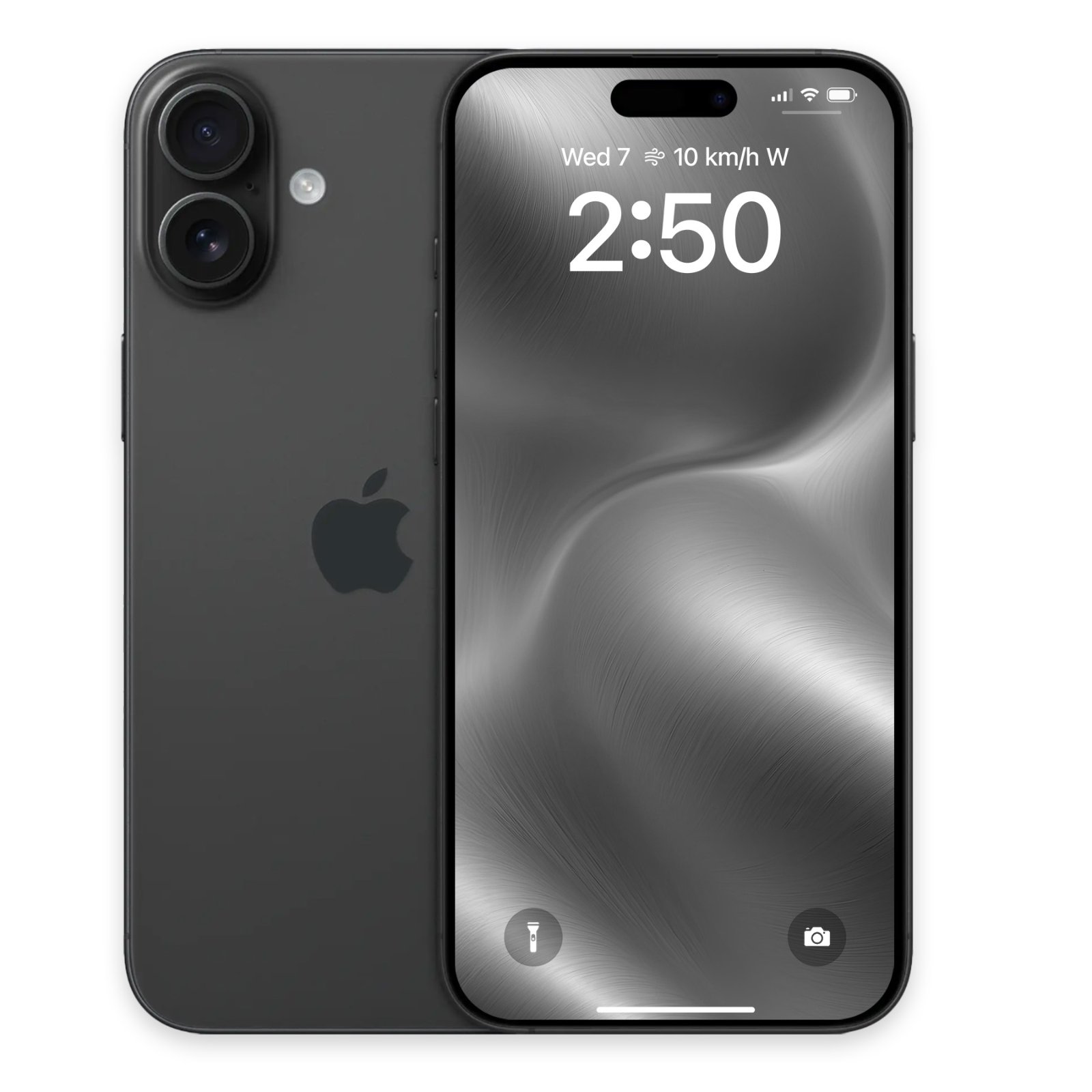Black standard iPhone shown from front and back angles, displaying the silver brushed metal texture wallpaper on the display.