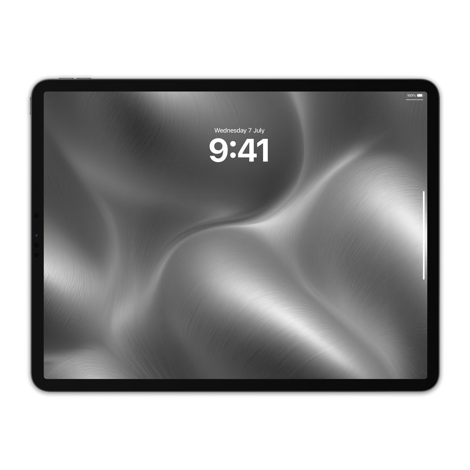 Landscape iPad screen mockup displaying a fluid 3D abstract wallpaper of smooth, undulating brushed pewter waves with subtle metallic highlights and soft grey shadows.