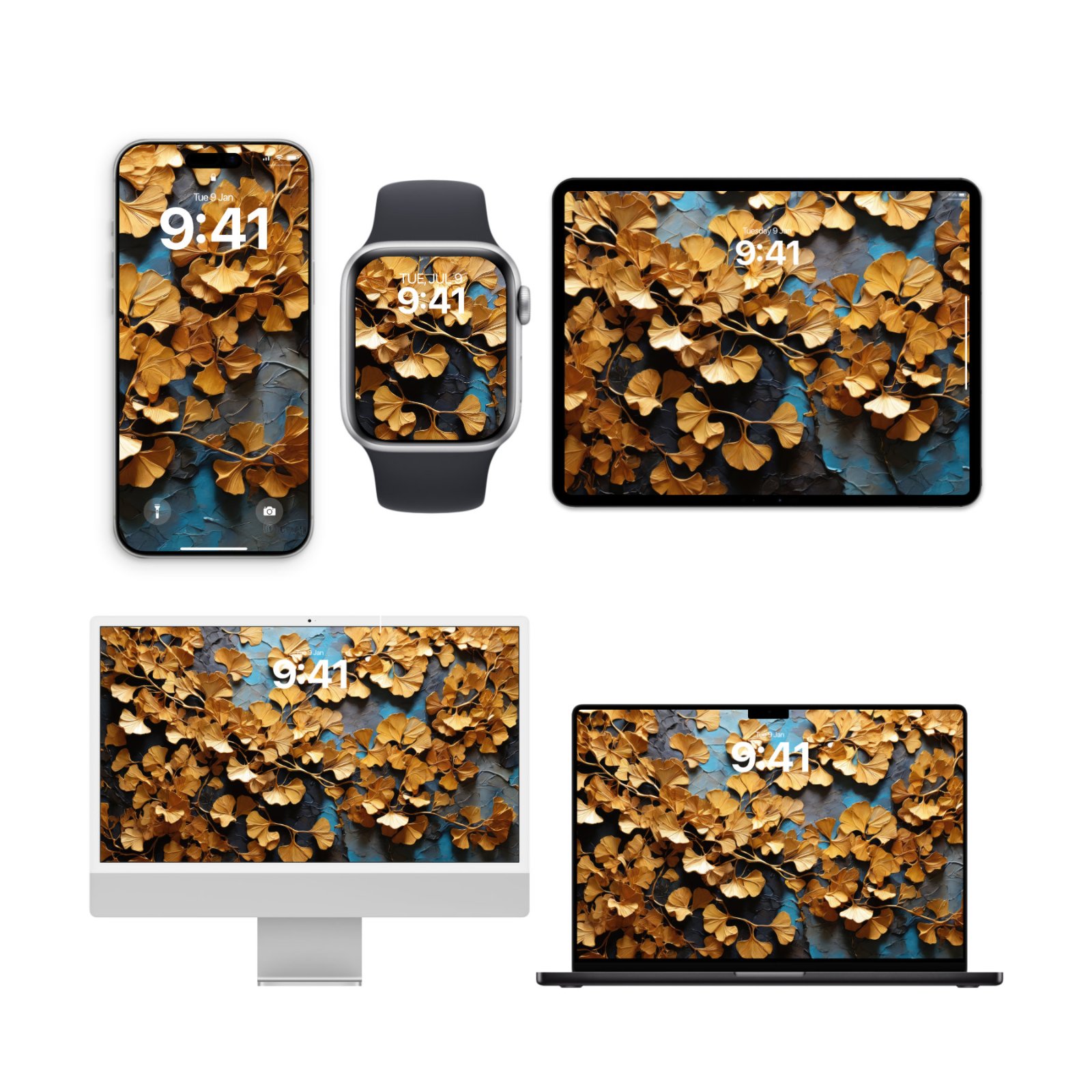 Wallpaper mockup displayed across an iPhone, Apple Watch, iPad, iMac, and MacBook featuring sculpted gold ginkgo leaves on a textured dark teal and grey painted surface.