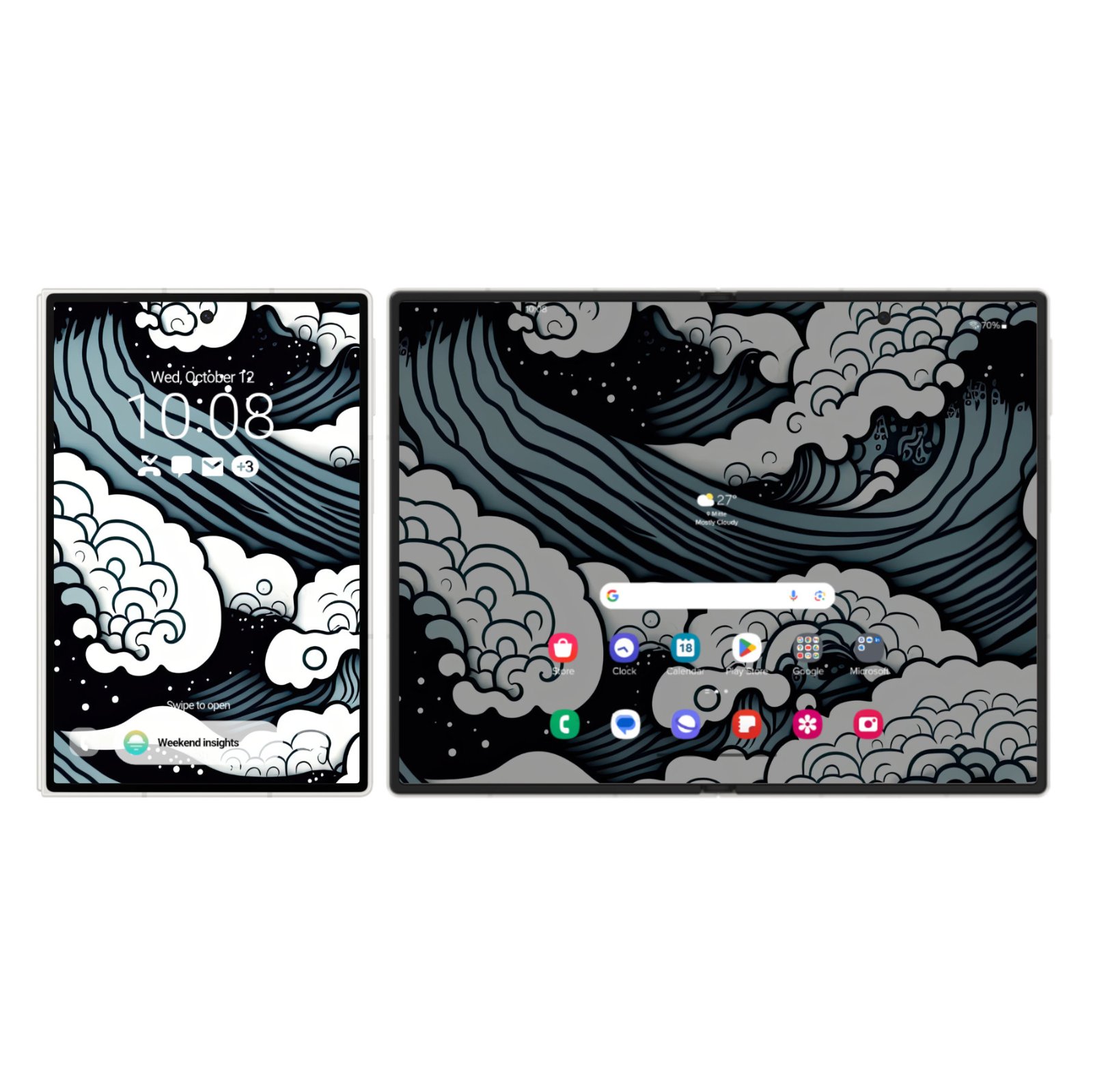 Samsung Galaxy Z Fold smartphone mockup showing cover screen on left and unfolded main screen on right displaying a black and white ukiyo-e style cresting ocean wave wallpaper.