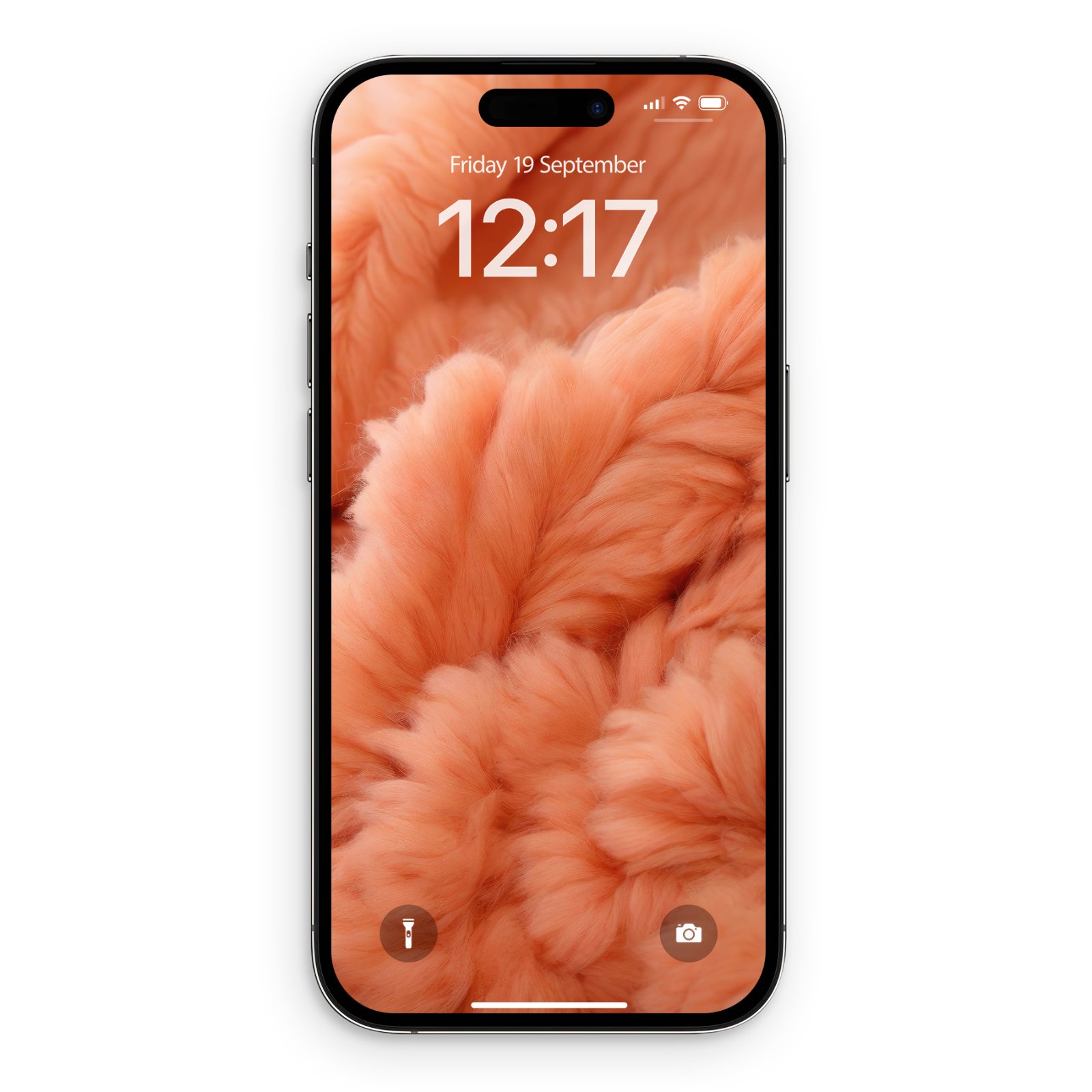 iPhone lock screen displaying soft coral and cream billowing cloud-like texture, with time 12:17 and date Friday 19 September centered on screen.
