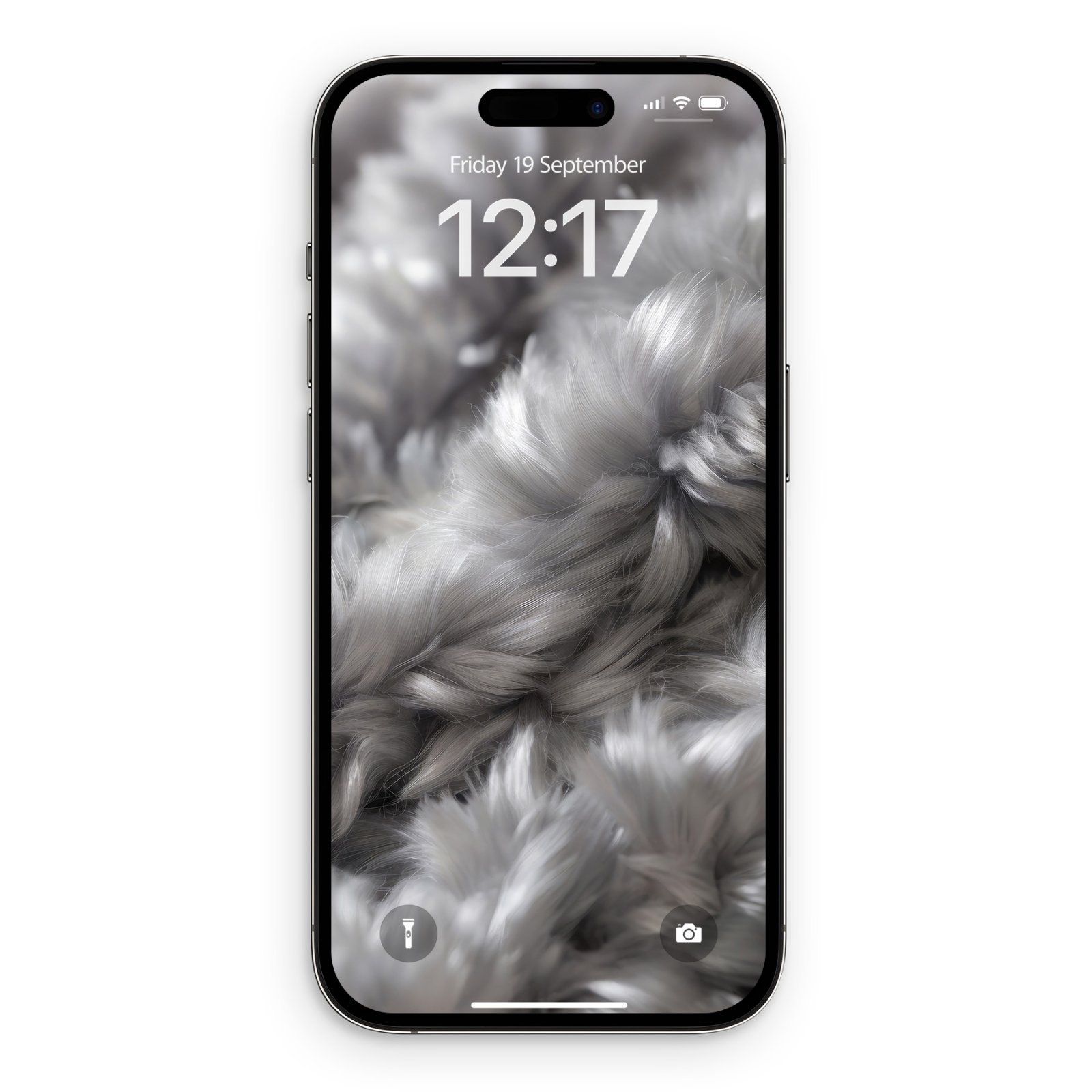 iPhone displaying a lock screen with monochrome textile fibers twisted and layered in soft, sculptural folds with grayscale tones ranging from near-white highlights to deep charcoal shadows.