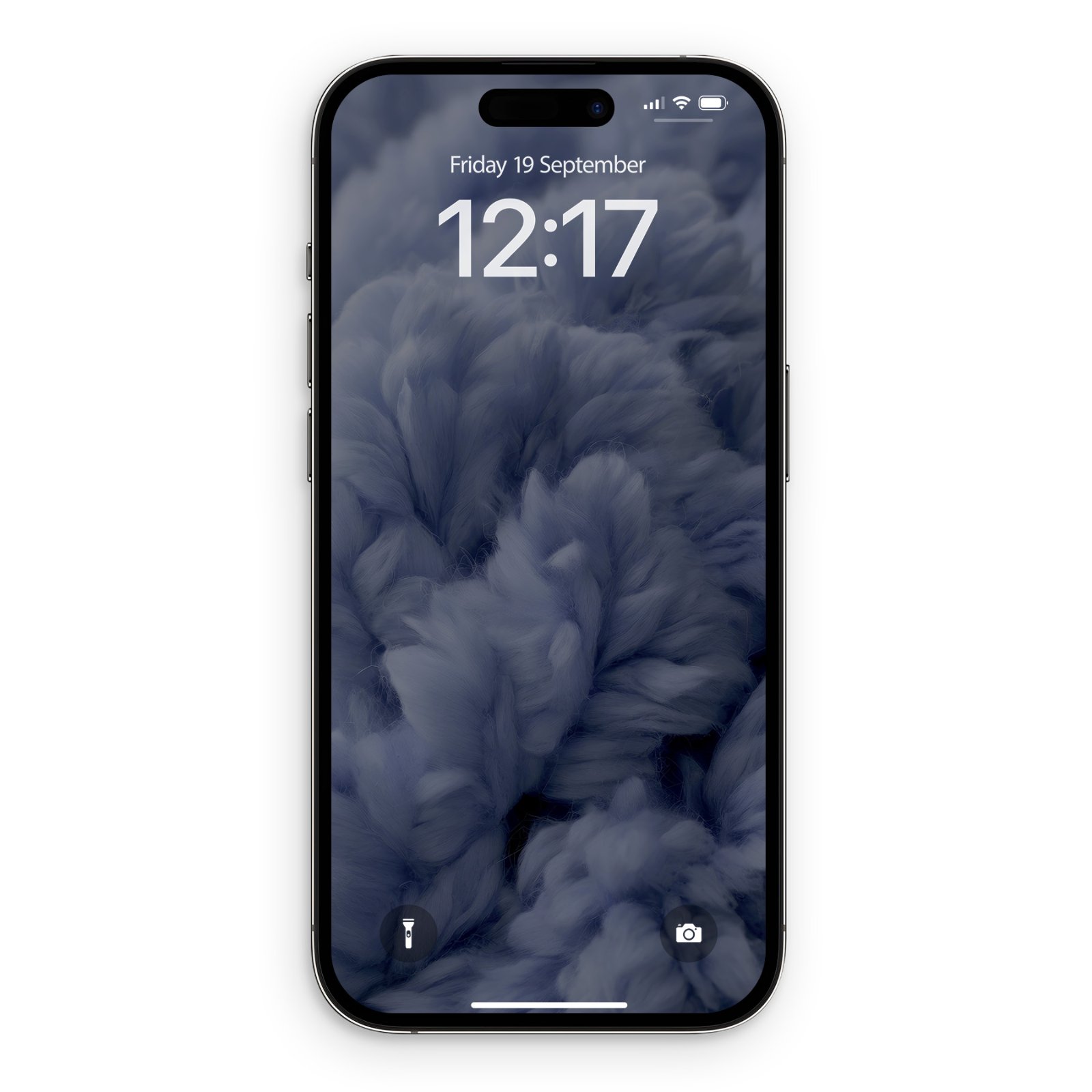 iPhone lock screen displaying billowing ink clouds in slate blue and charcoal, with white time and date text centered on the textured cloud formations.