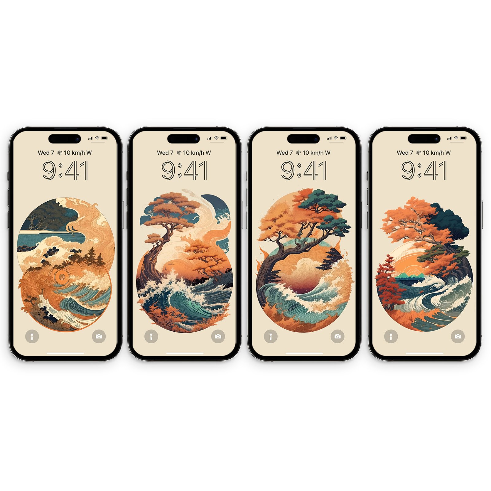 Four iPhone mockups side by side displaying different circular pixel art illustrations of ocean waves, pines, and glowing skies on a cream background.