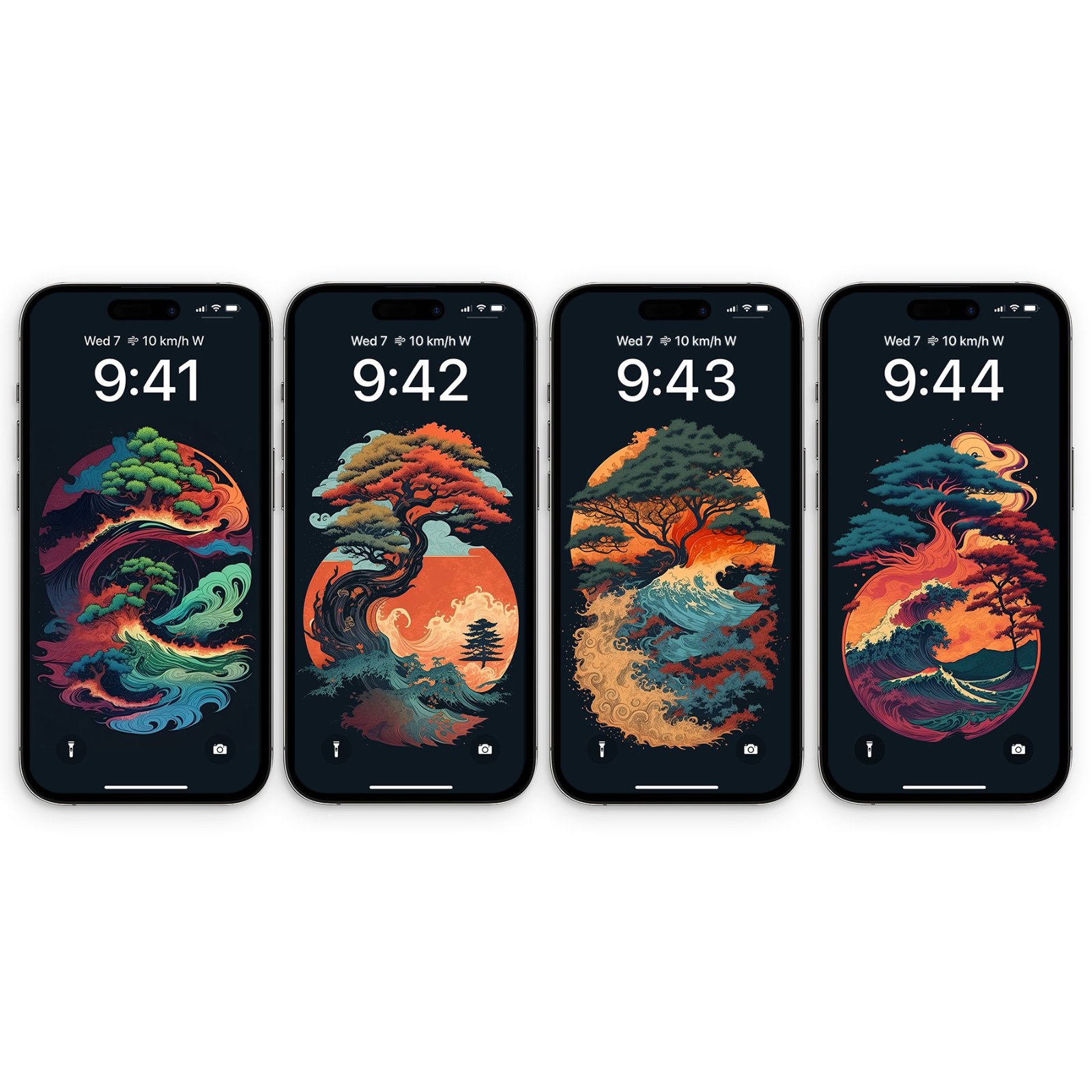 Four iPhones displayed side by side showing lock screens with circular compositions: the first features a dragon in magenta and teal; the second, a bonsai tree in orange and blue; the third, windswept pines in burnt sienna and deep blue; the fourth, a mountain landscape with a glowing sun.