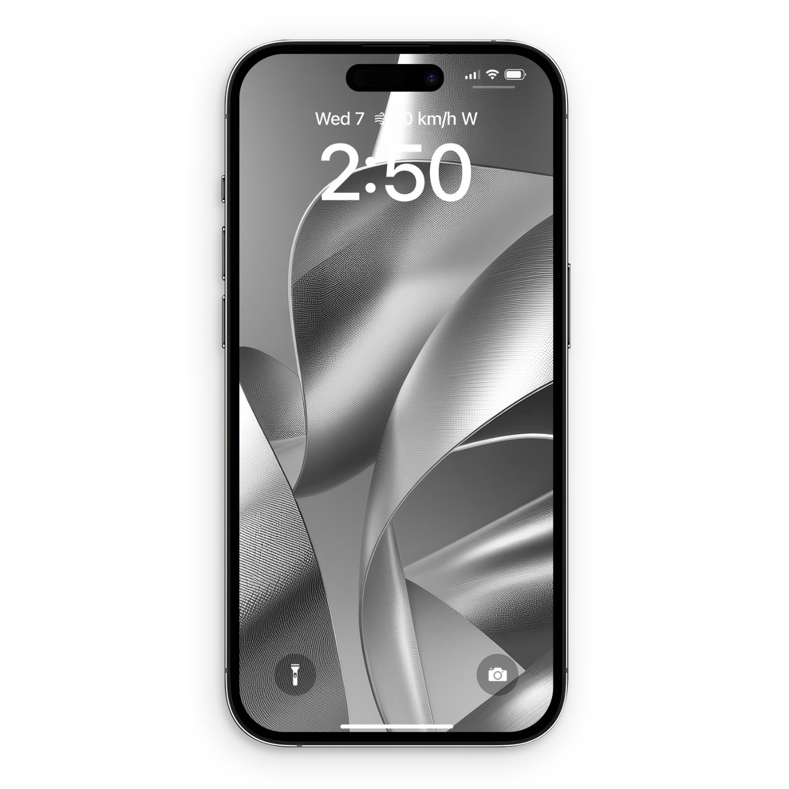Front view of an iPhone lock screen displaying a silver metallic ribbon abstract wallpaper with fine textured grain and clock display.