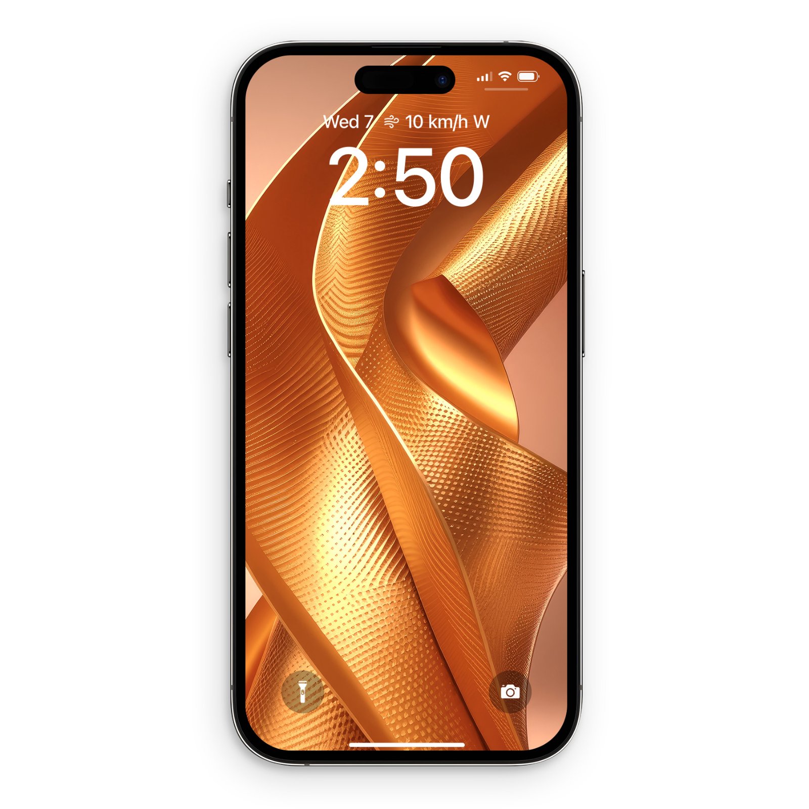 iPhone lock screen displaying layered ribbons of brushed gold and burnt sienna twisted into tight sculptural folds with cross-hatched mesh texture and warm highlights, showing time 2:50.
