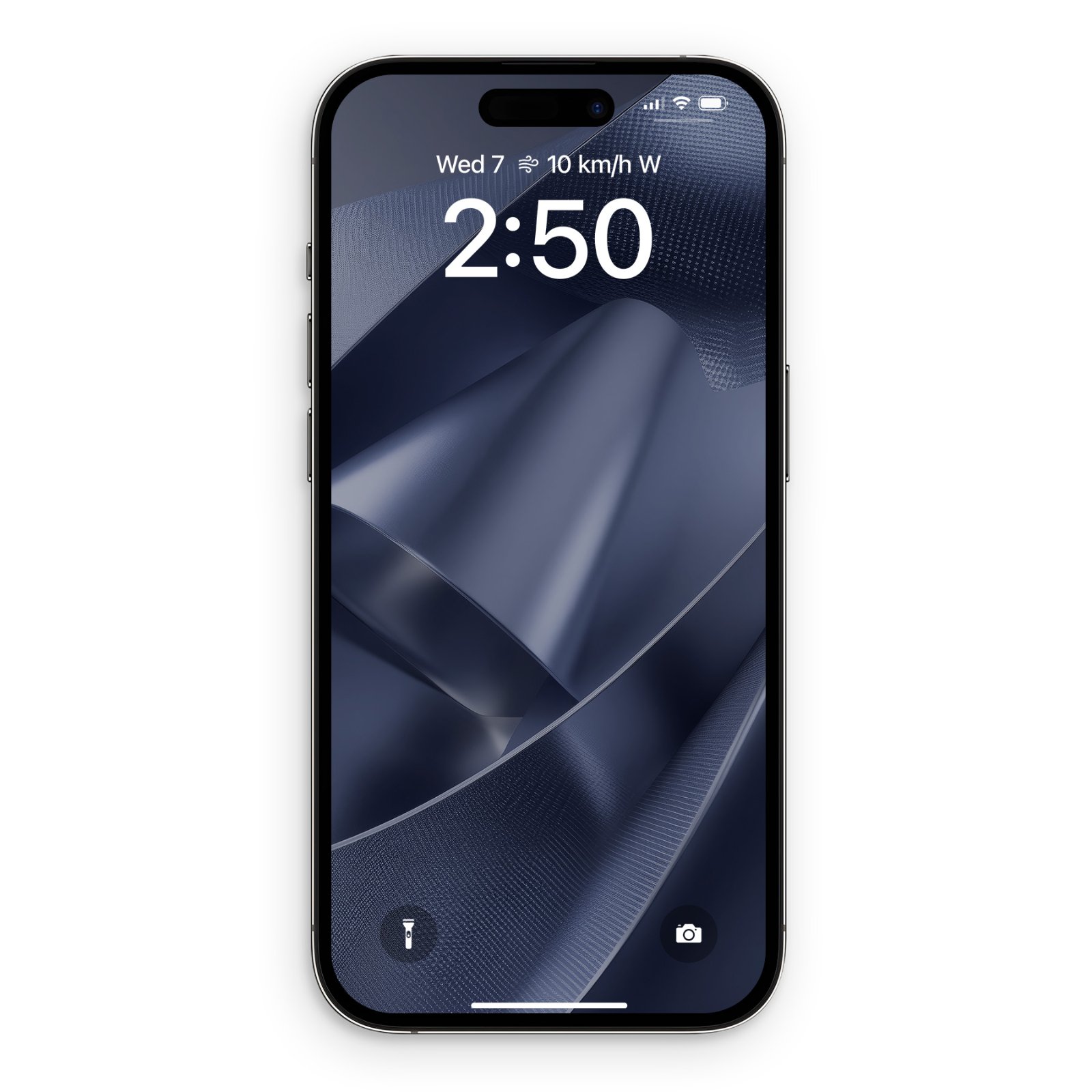iPhone lock screen displaying folded metallic planes in navy and silver, with brushed texture and light-catching highlights across geometric folds, time 2:50 visible.