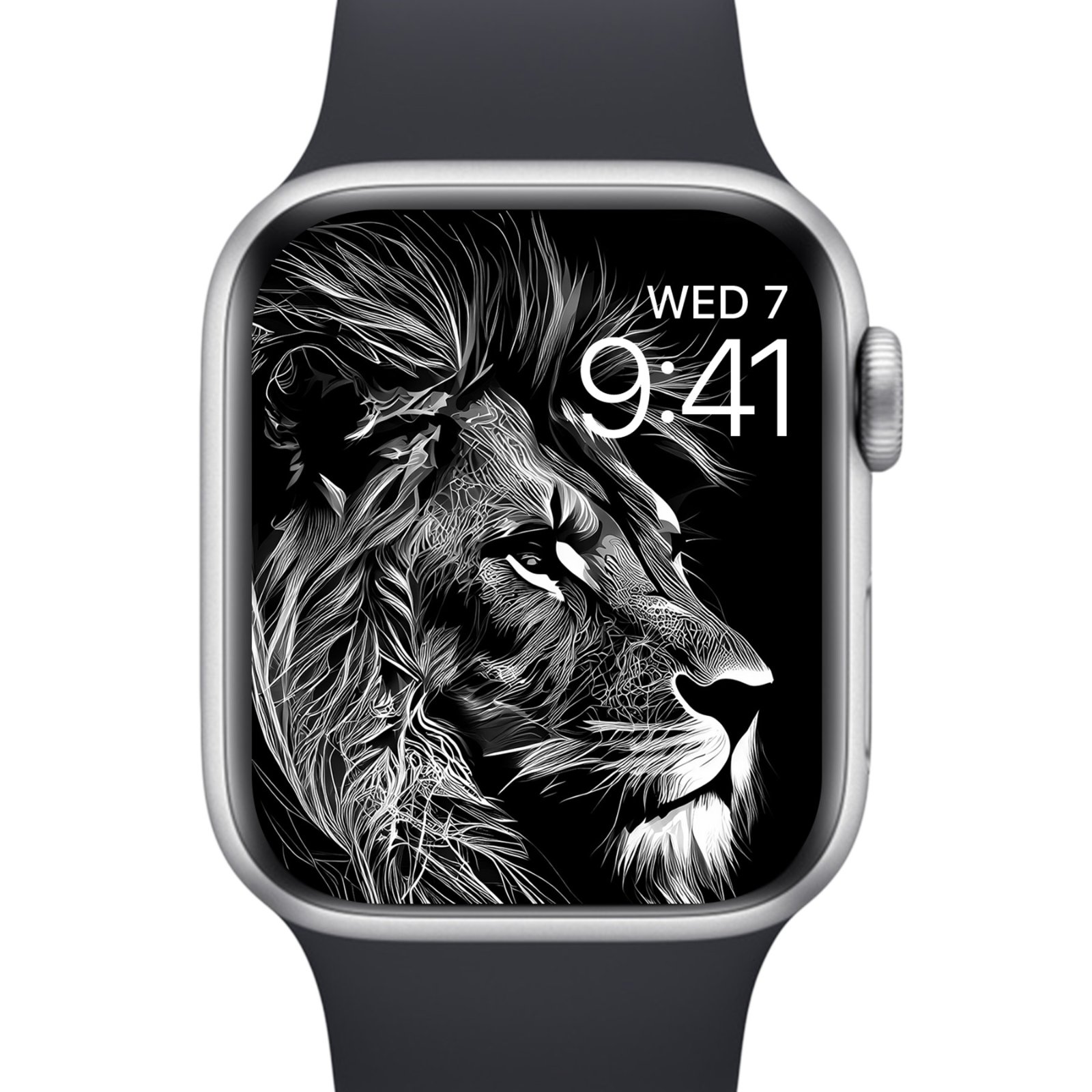 Apple Watch with silver case and black sport band displaying a black and white hyperrealistic lion portrait filling the screen, with intricate line work in the mane and facial features, time showing 9:41 in white text.