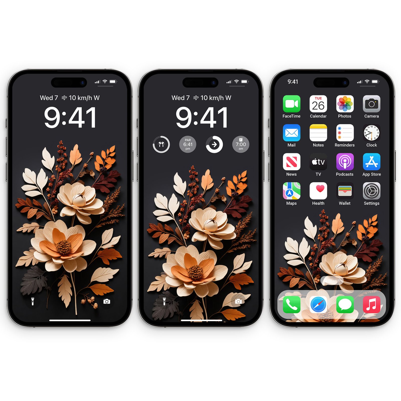 Three black iPhone screens standing side by side displaying an autumn papercraft floral wallpaper on dark gray, showing lock screen and home screen layouts.