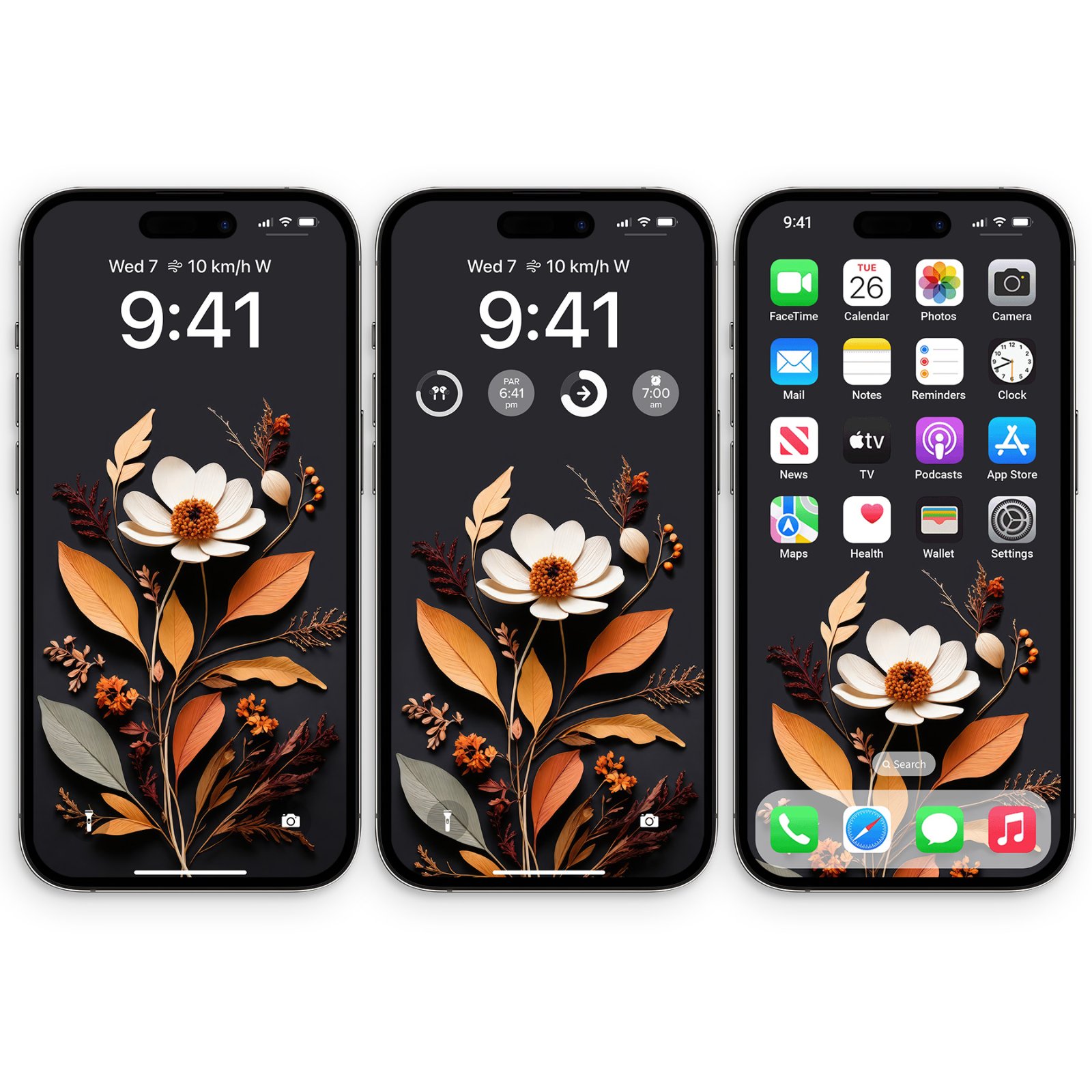 Three black iPhone devices side by side against a white background, displaying a papercraft floral wallpaper featuring an ivory flower and autumn leaves on a dark charcoal background across lock screens and home screen.