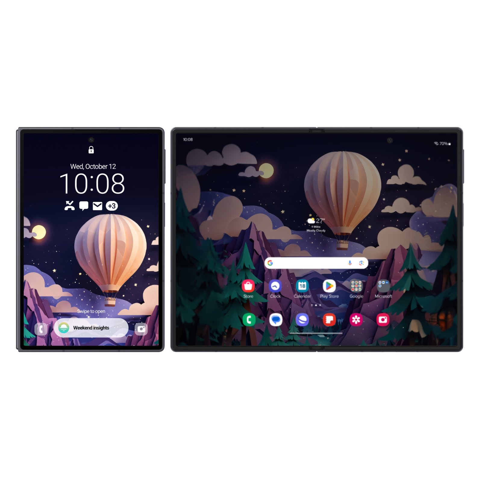 A folded Samsung Galaxy Z Fold cover screen next to an unfolded wide inner display, both showing a layered papercraft illustration of a hot air balloon, pine forest, and mountain ridge under a starry sky.
