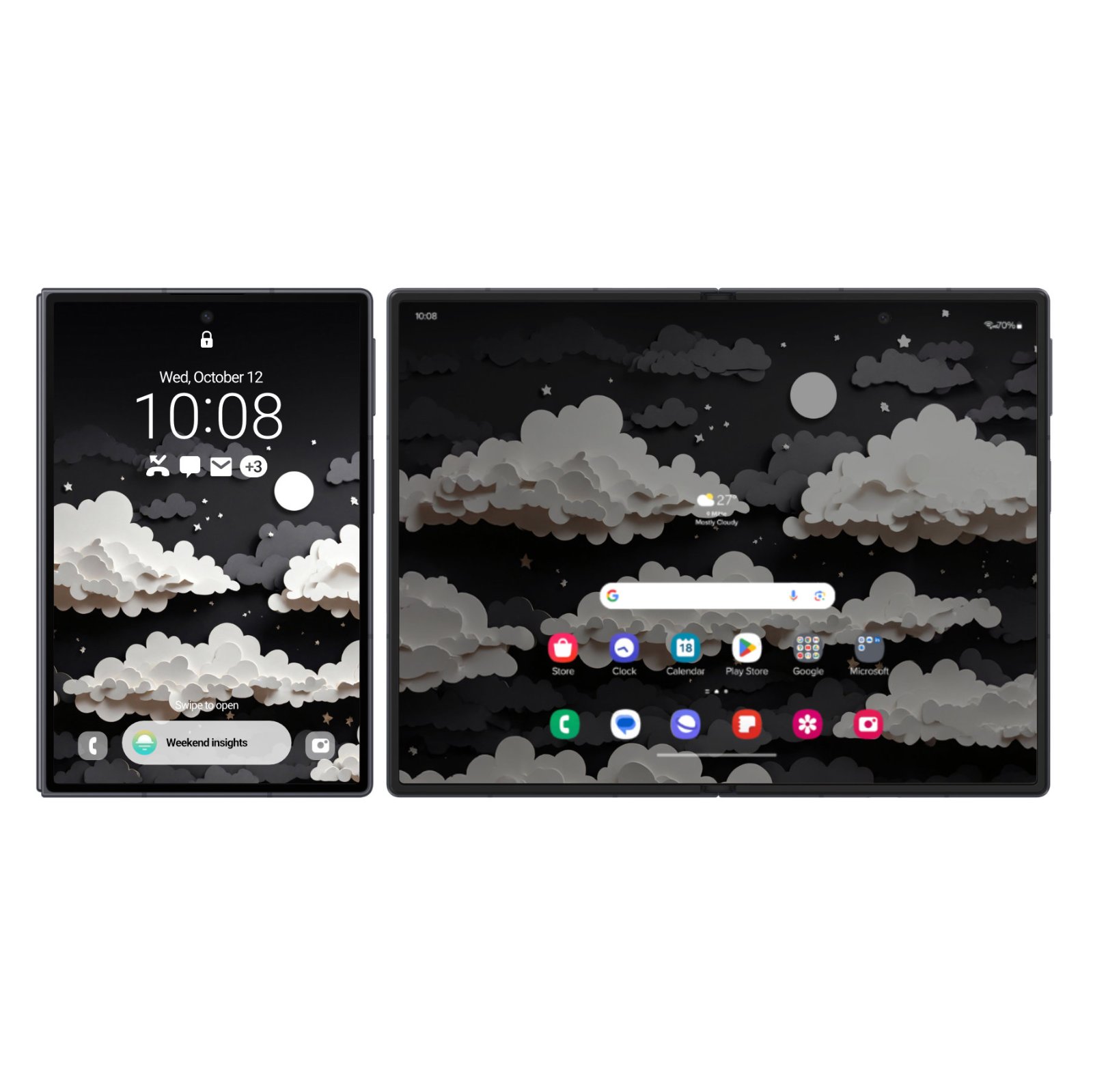 Samsung Galaxy Z Fold and Z Flip phones side by side displaying layered paper clouds in cream, gray, and taupe against a black starlit sky.