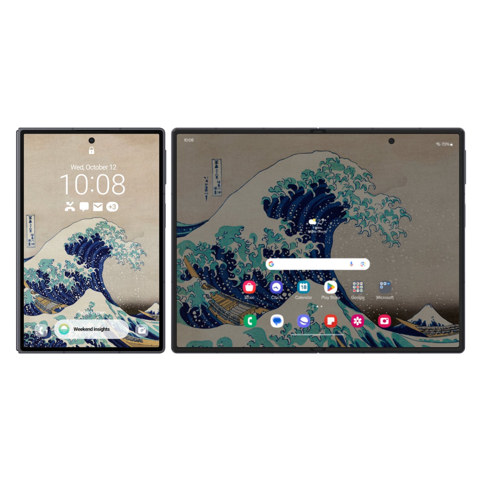 Samsung Galaxy Z Fold mockup showing Hokusai Great Wave off Kanagawa on both the front cover lock screen and the unfolded main home screen against a white background.