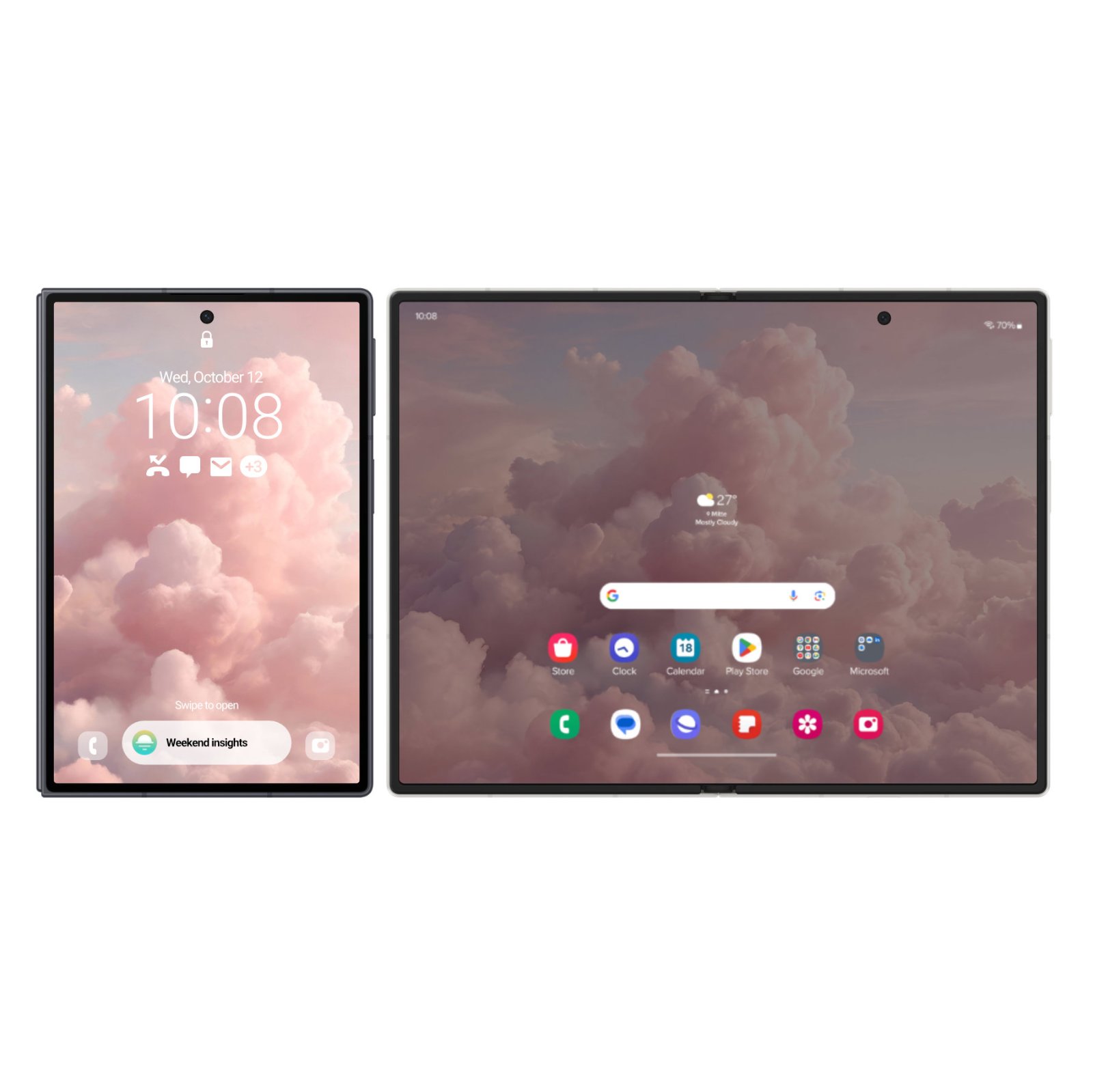 Samsung Galaxy Z Fold device on the left showing a lock screen with puffy pink and cream clouds in a peachy sky with time 10:08 displayed, and a Samsung Galaxy Tab on the right displaying the same cloud wallpaper with a home screen grid of colorful app icons visible.
