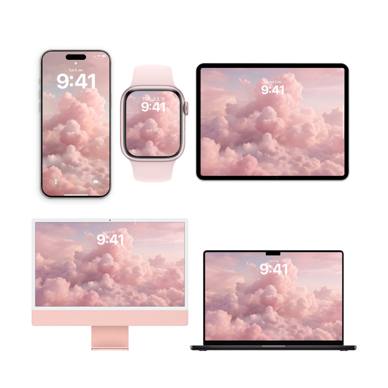 iPhone, Apple Watch, iPad, iMac, and MacBook mockups all displaying a soft cloud wallpaper in shades of blush pink, mauve, and cream, with volumetric billowing clouds filling a peachy sky.
