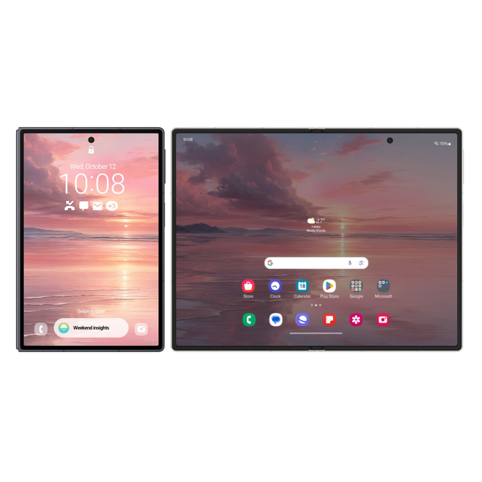 A Samsung Galaxy Z Fold phone and tablet positioned side by side, both showing the same golden sunrise landscape with coral clouds and mirror-like water reflection.