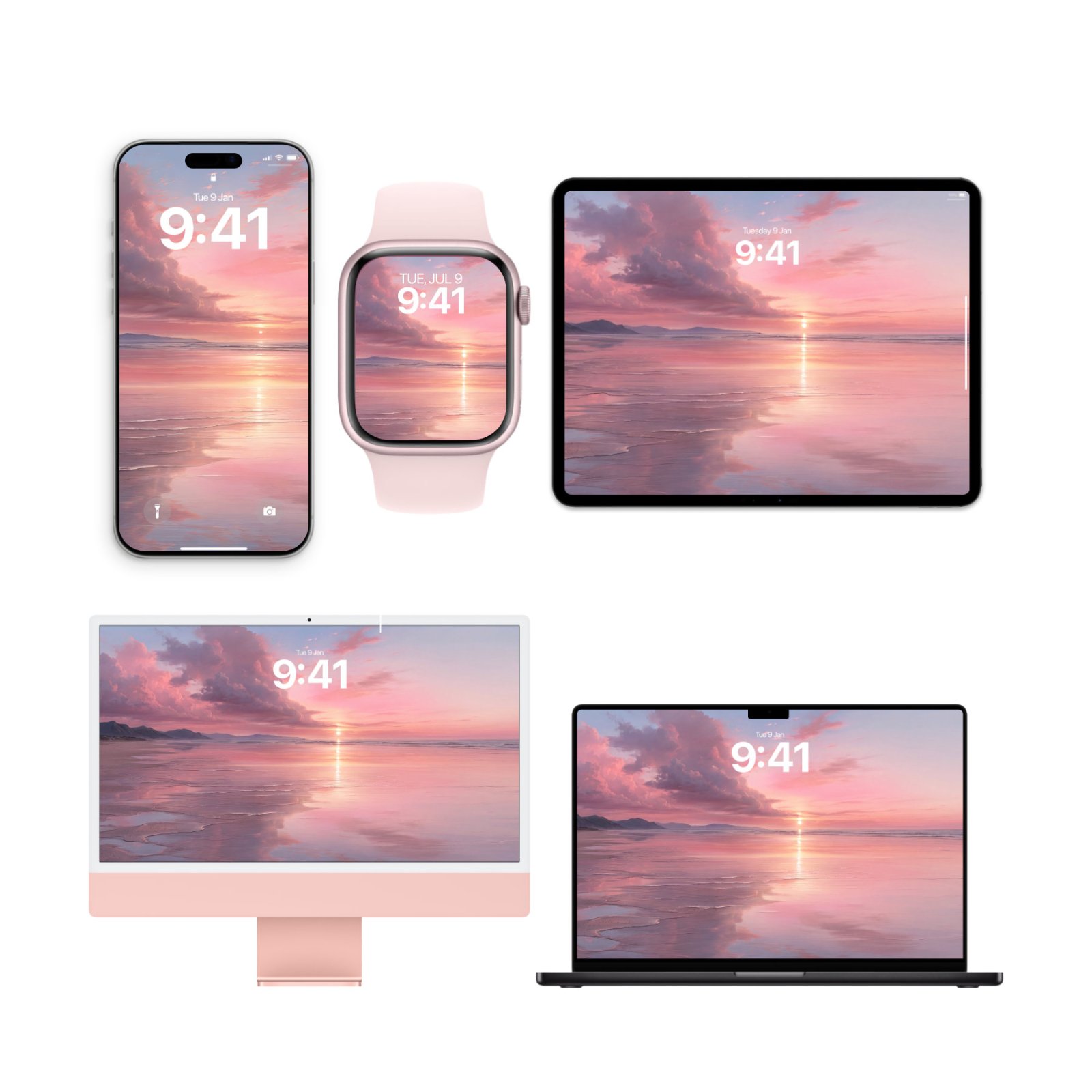 iPhone, Apple Watch with pink band, iPad, iMac, and MacBook displaying a sunset scene with golden sun reflecting across still water, coral and rose sky with clouds, and wet sand in foreground.