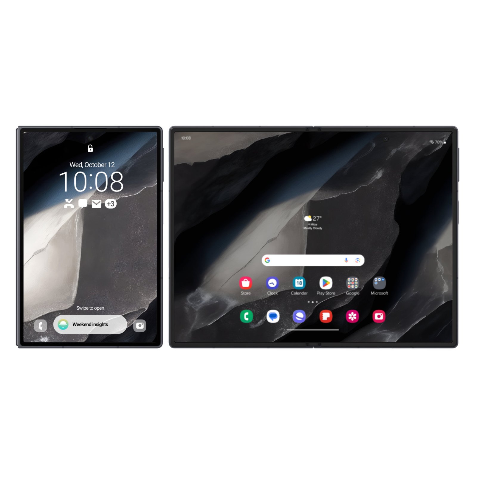 Samsung Galaxy Z Fold phone and Z Flip phone side by side, both displaying a flowing liquid metal wallpaper with molten silver and charcoal ribbons against a dark background, the metallic surfaces appearing three-dimensional with pearl-white veins running through charcoal depths.
