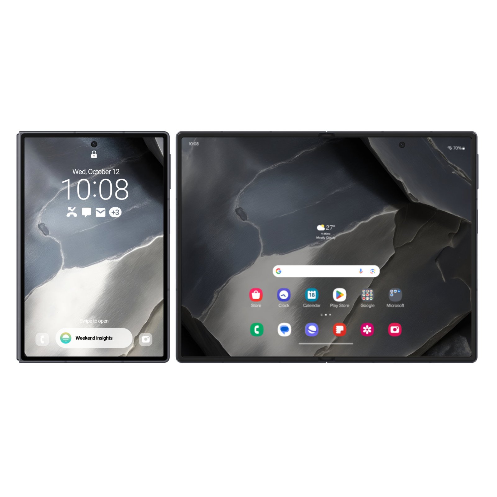 Samsung Galaxy Z Fold open with both screens visible, left side showing lock screen with white numerical time and metallic abstract fold pattern, right side showing home screen with grid of colored app icons, titanium and pearl-white color scheme.