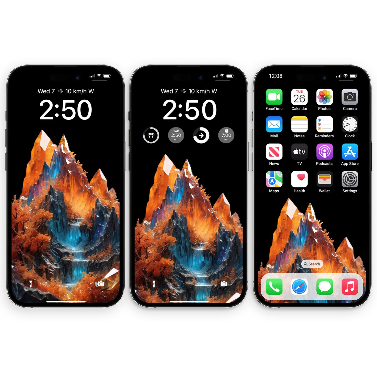 Three iPhone screens displaying a digital landscape wallpaper: jagged mountain peaks in burnt orange, amber, and rust with deep cobalt-blue waterfalls cascading down the center against a black background.
