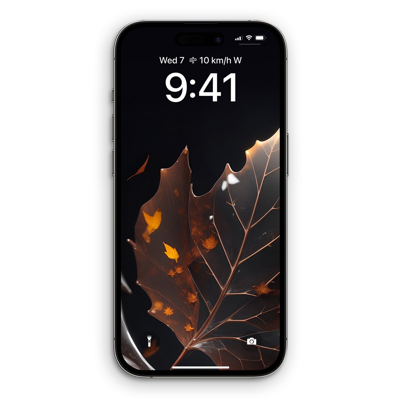 iPhone displaying a lock screen with a skeletal autumn leaf backlit in amber and gold tones against a dark charcoal background, centered in the frame.
