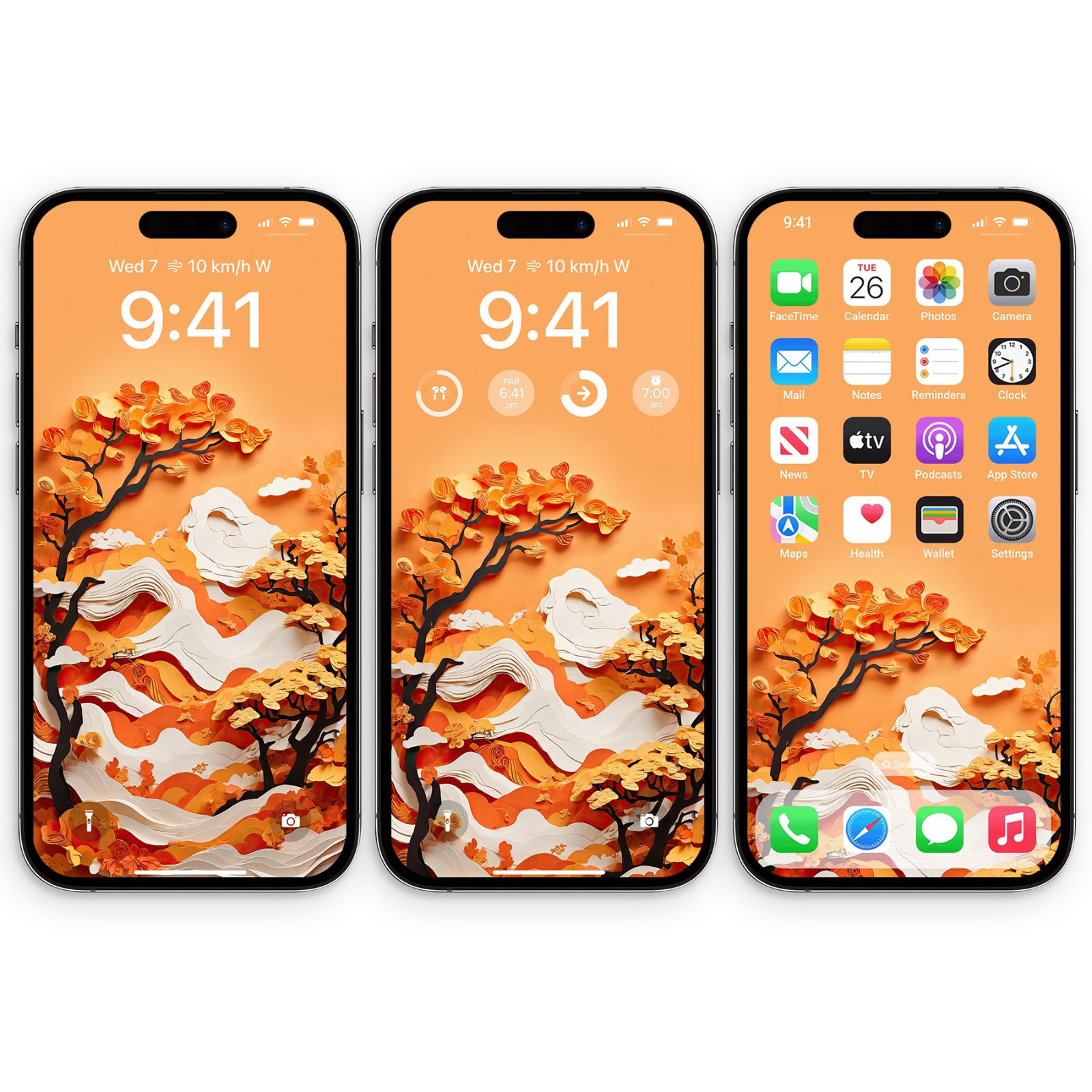 Three iPhone screens displaying a papercraft autumn tree wallpaper with layered burnt orange foliage, cream clouds, and chocolate brown branches against a warm apricot background.