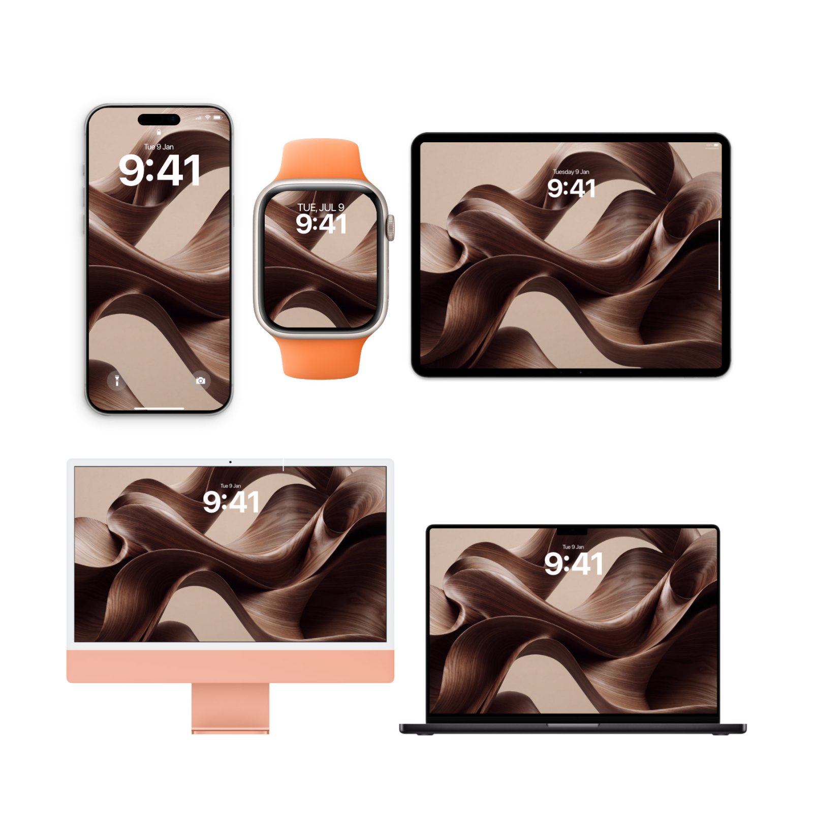 Device bundle mockup showing iPhone, Apple Watch, iPad, iMac, and MacBook all displaying the coordinated silk ribbon wallpaper design.