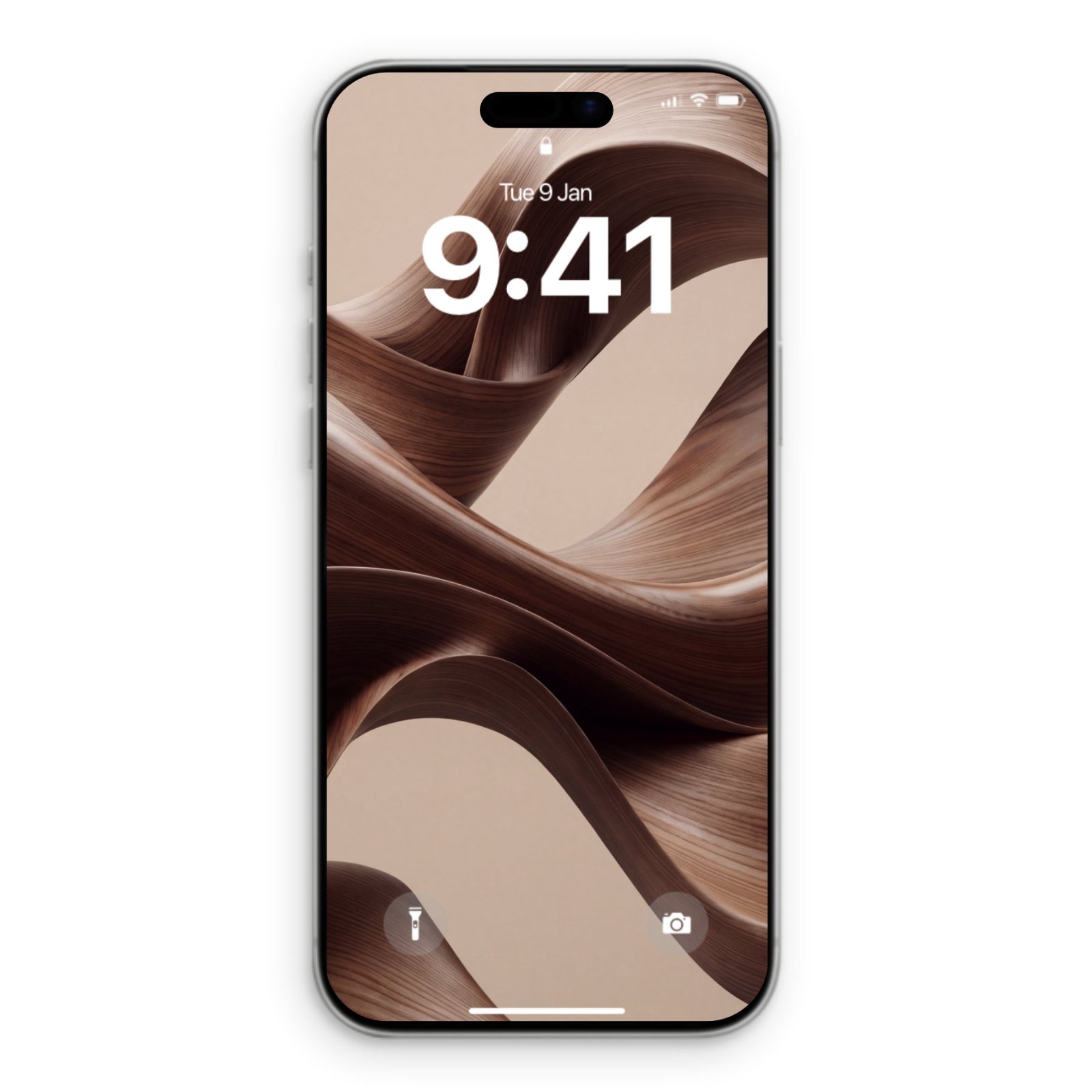 iPhone displaying a lock screen wallpaper of flowing chocolate-brown and cream-colored silk ribbons folded in sculptural layers, with the time 9:41 displayed in white text.