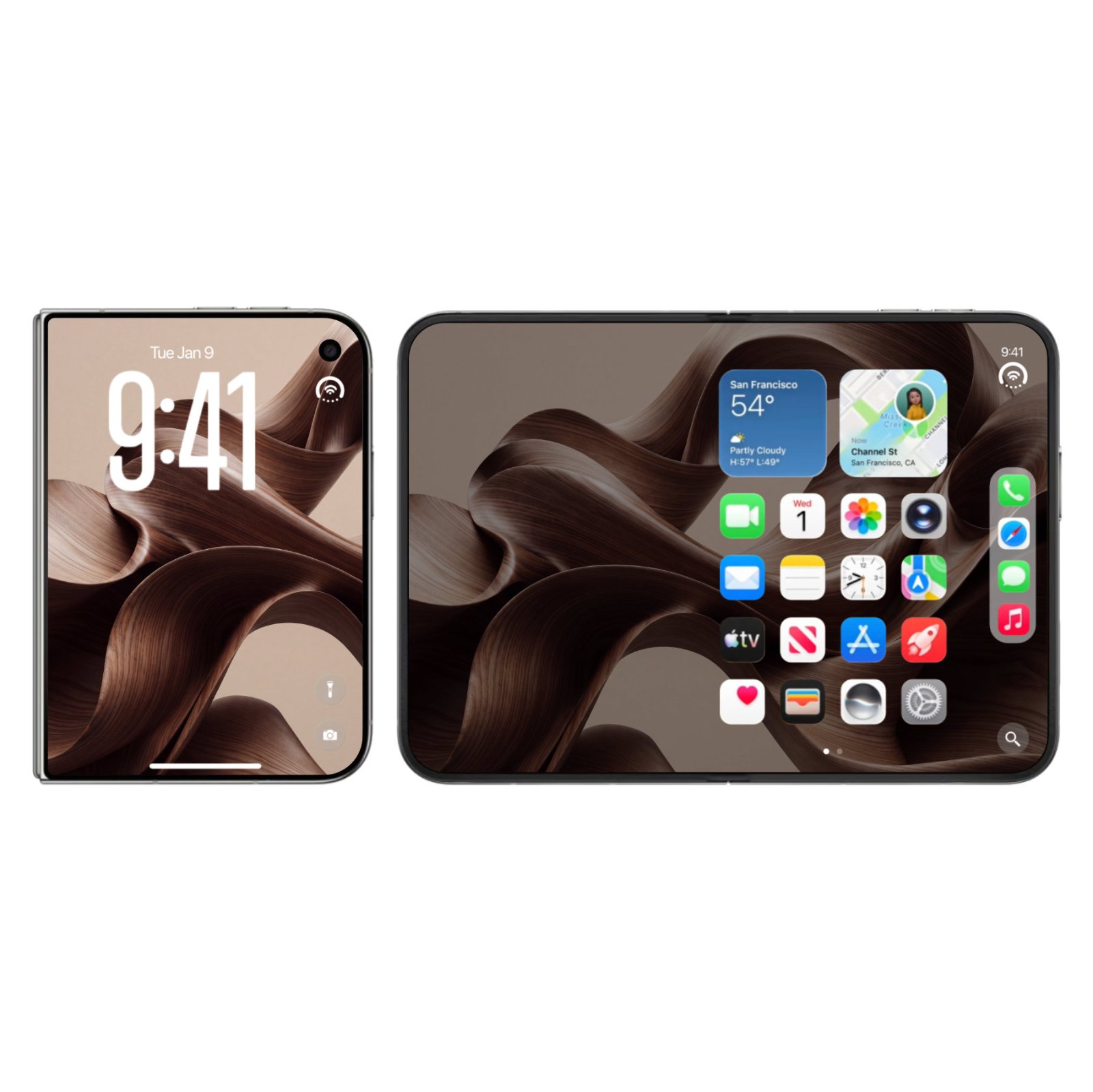 Two iPhone mockups side by side displaying chocolate and mahogany silk ribbon wallpaper with luminous highlights on a beige background, one showing lock screen at 9:41 and one showing home screen with app icons.