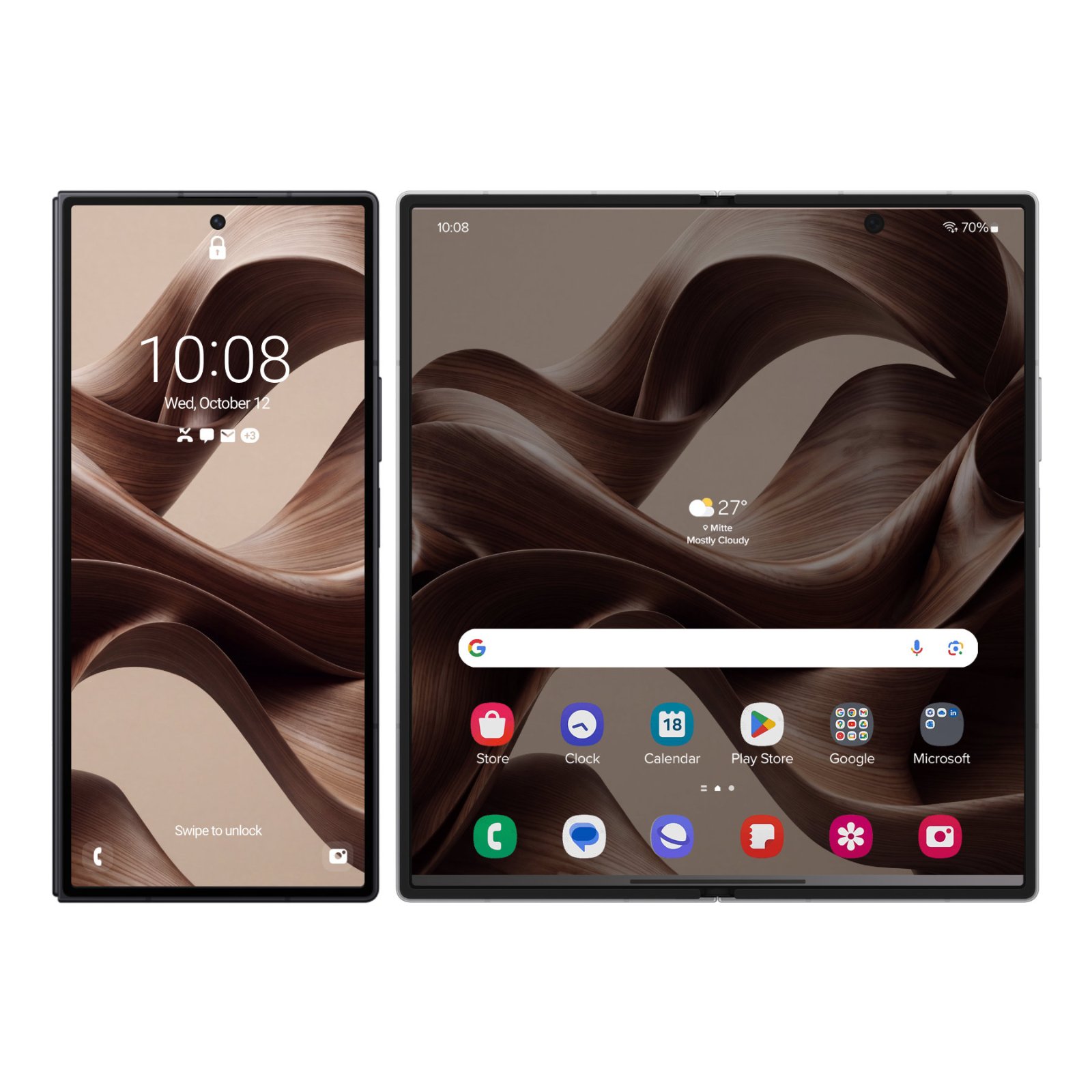 Z Fold Ultra open flat displaying flowing chocolate and taupe silk ribbon abstract design with cream accents, time display 10:08 visible on left panel, home screen with app grid visible on right panel