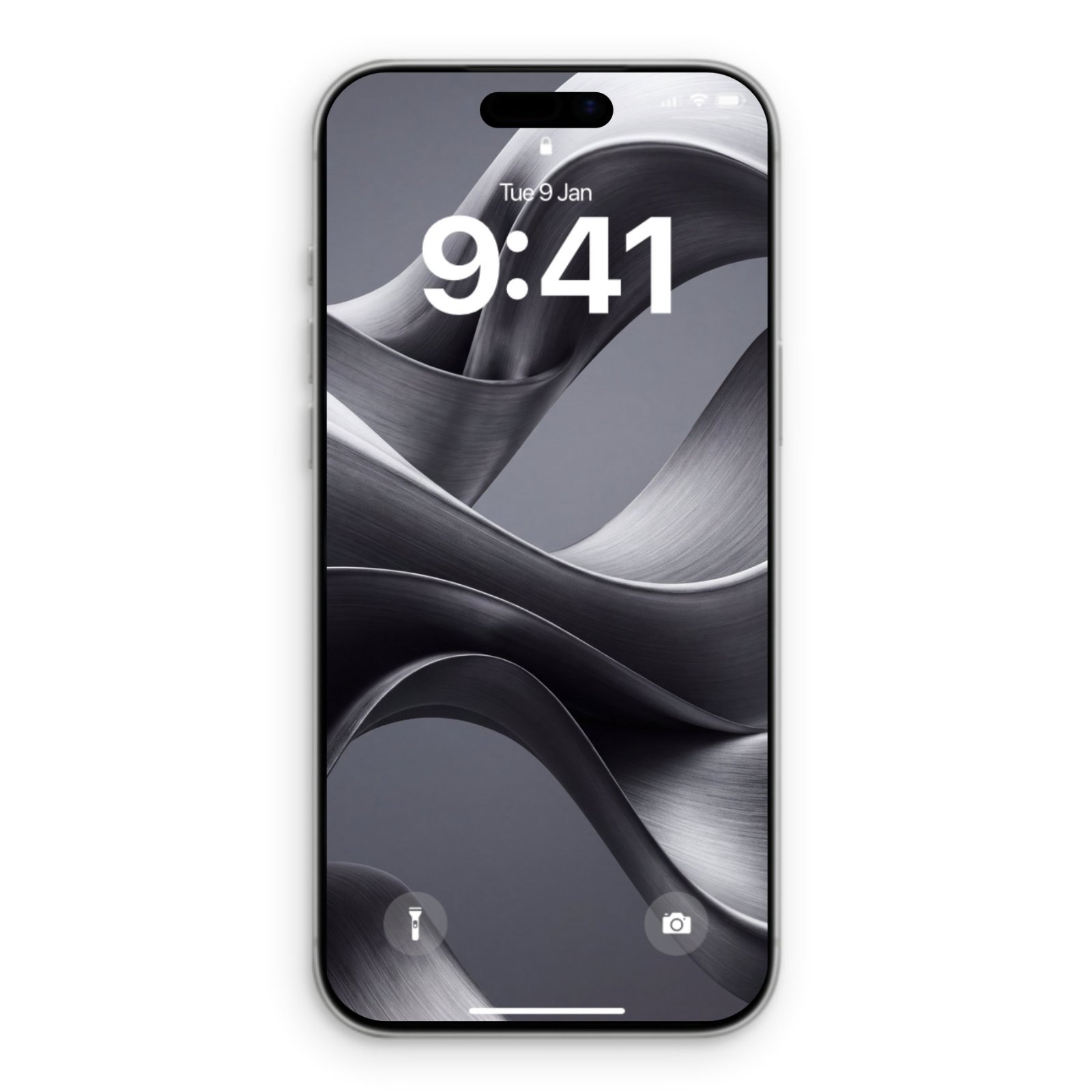iPhone Pro displaying an abstract wallpaper of charcoal and silver ribbon-like folds with layered light and shadow effects across the lock screen.